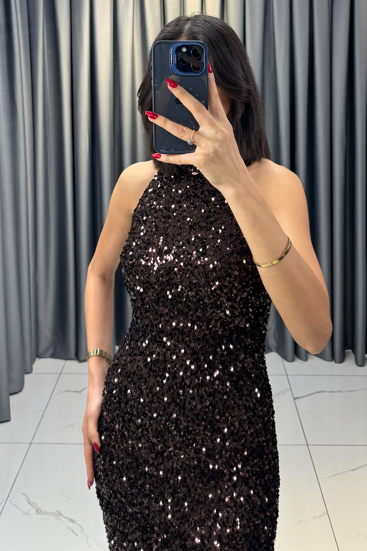 Halter Yaka Payetli Yırtmaçlı Abiye Kahve - Görsel 4