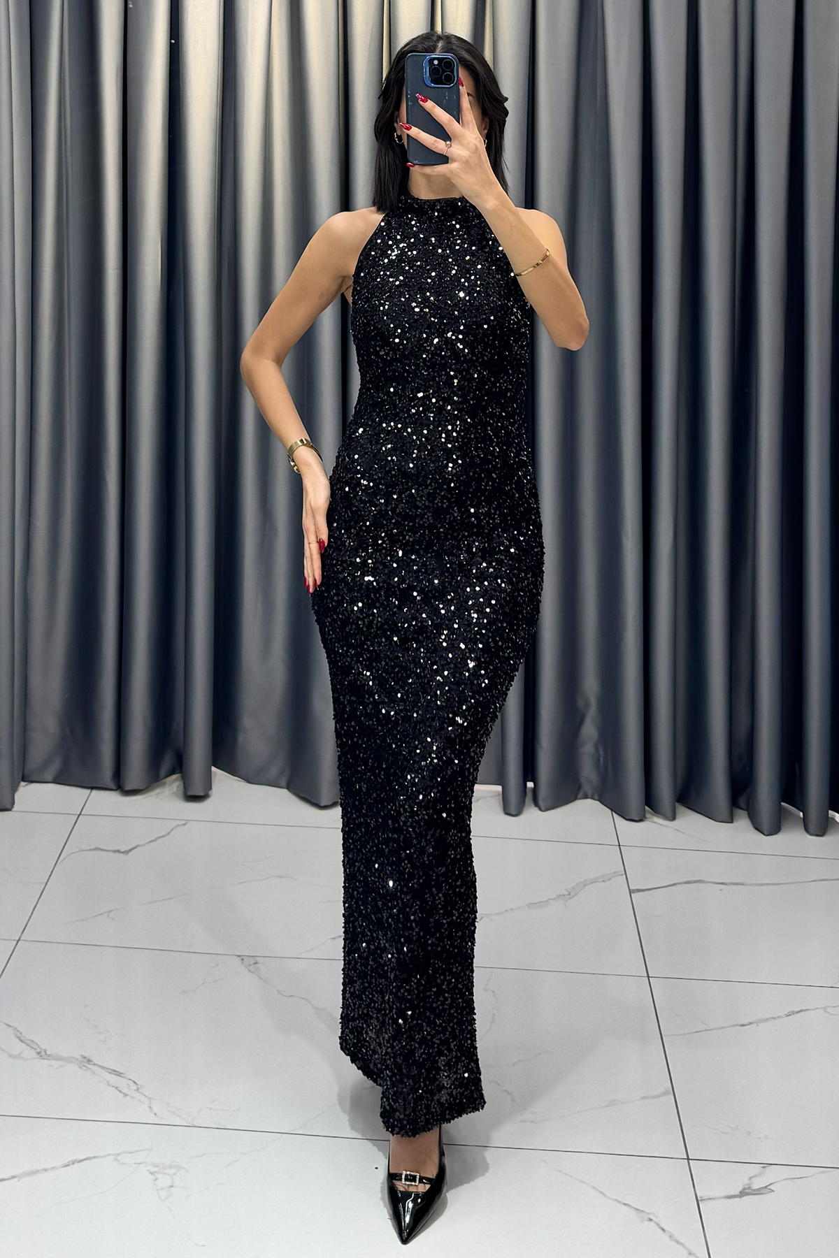 Halter Yaka Payetli Yırtmaçlı Abiye siyah