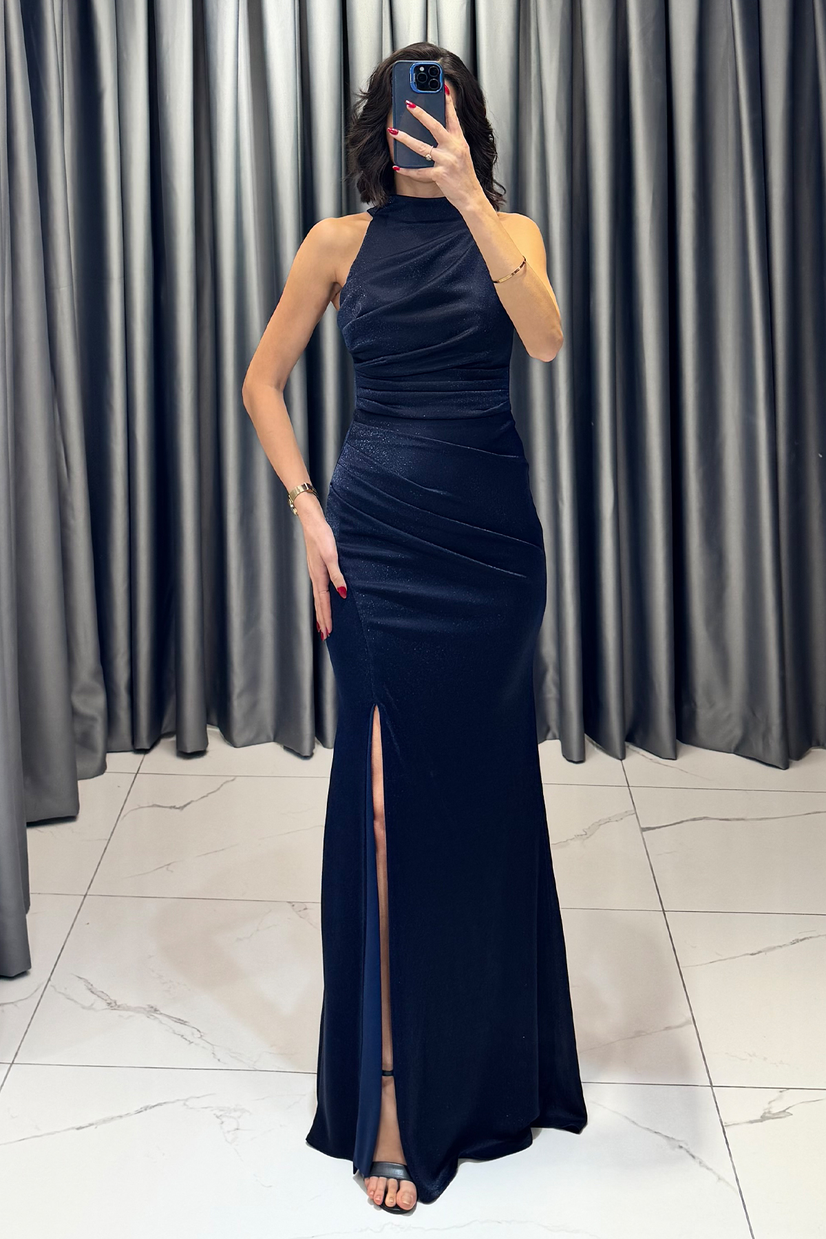 Halter Yaka Yırtmaçlı Sim Detaylı Balık Model Abiye Lacivert