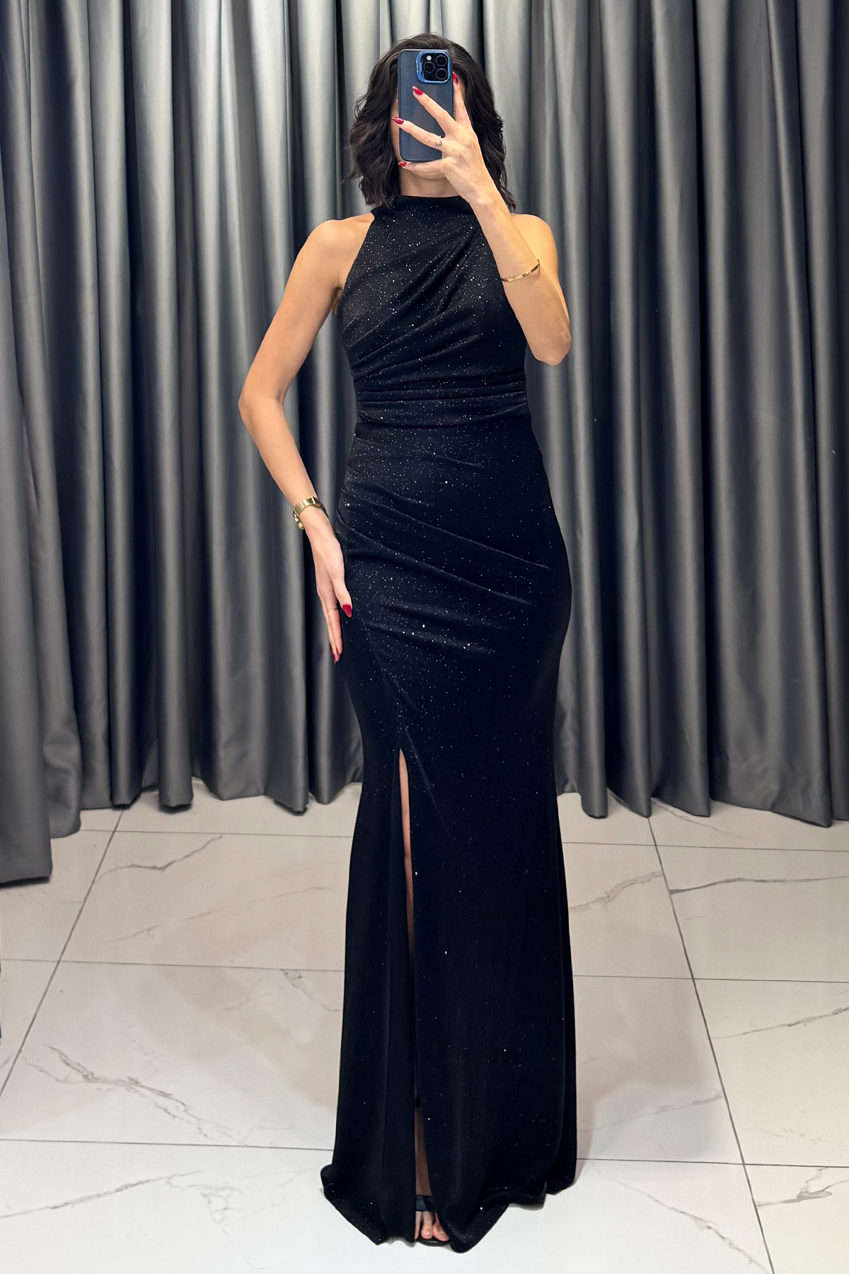 Halter Yaka Yırtmaçlı Sim Detaylı Balık Model Abiye Siyah