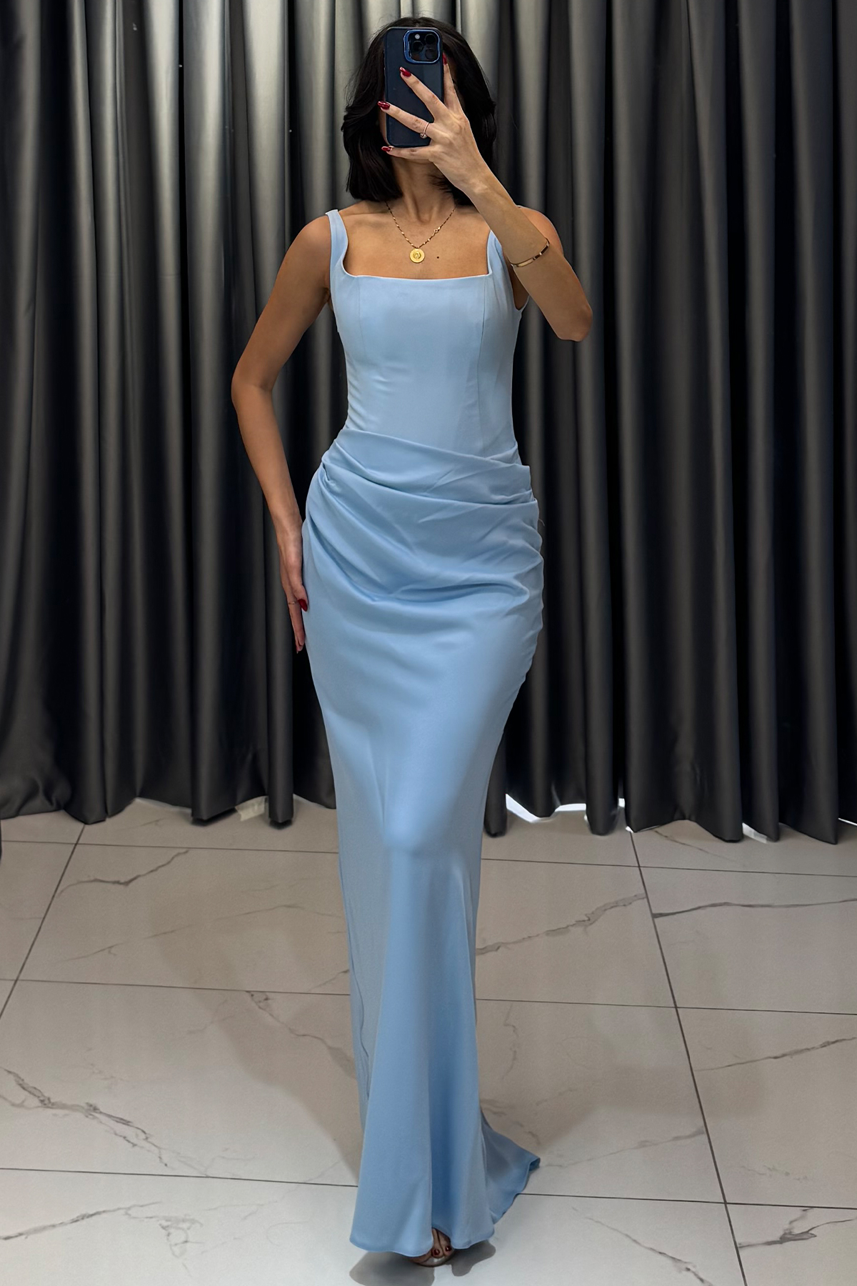 Kare Yaka Askı Detaylı Belden Oturtmalı Abiye Bebe Mavi