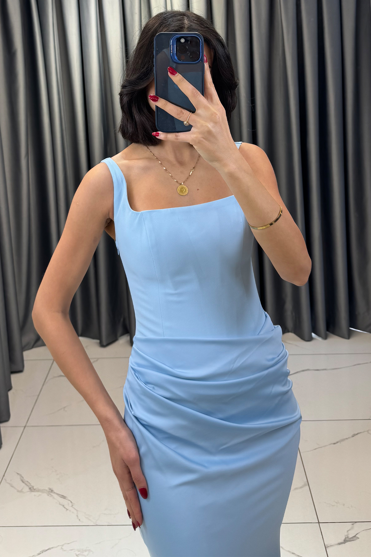 Kare Yaka Askı Detaylı Belden Oturtmalı Abiye Bebe Mavi - Görsel 2