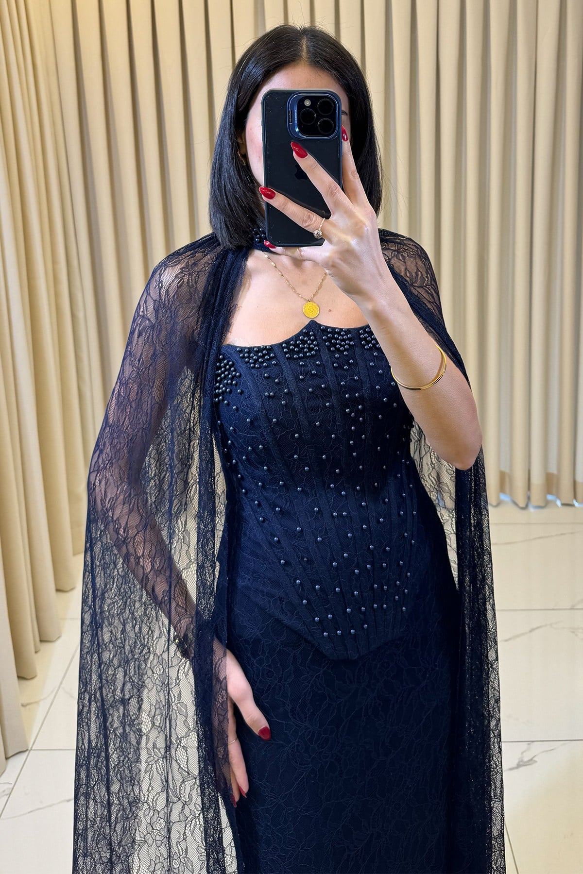 Korse Detaylı Boncuk İşlemeli Pelerinli Abiye Lacivert - Görsel 2