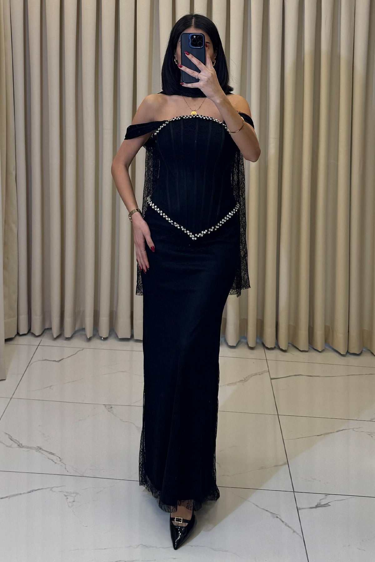 Korse Detaylı Taş İşlemeli Şal Aksesuarlı Abiye Siyah