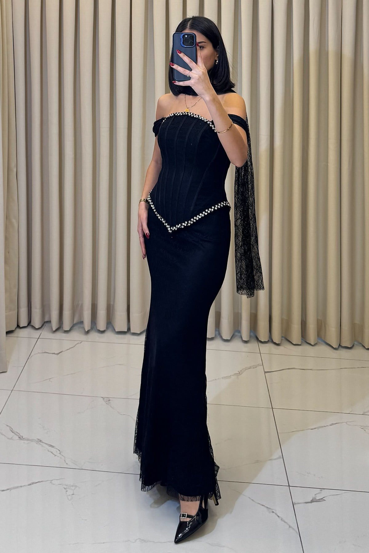 Korse Detaylı Taş İşlemeli Şal Aksesuarlı Abiye Siyah - Görsel 3