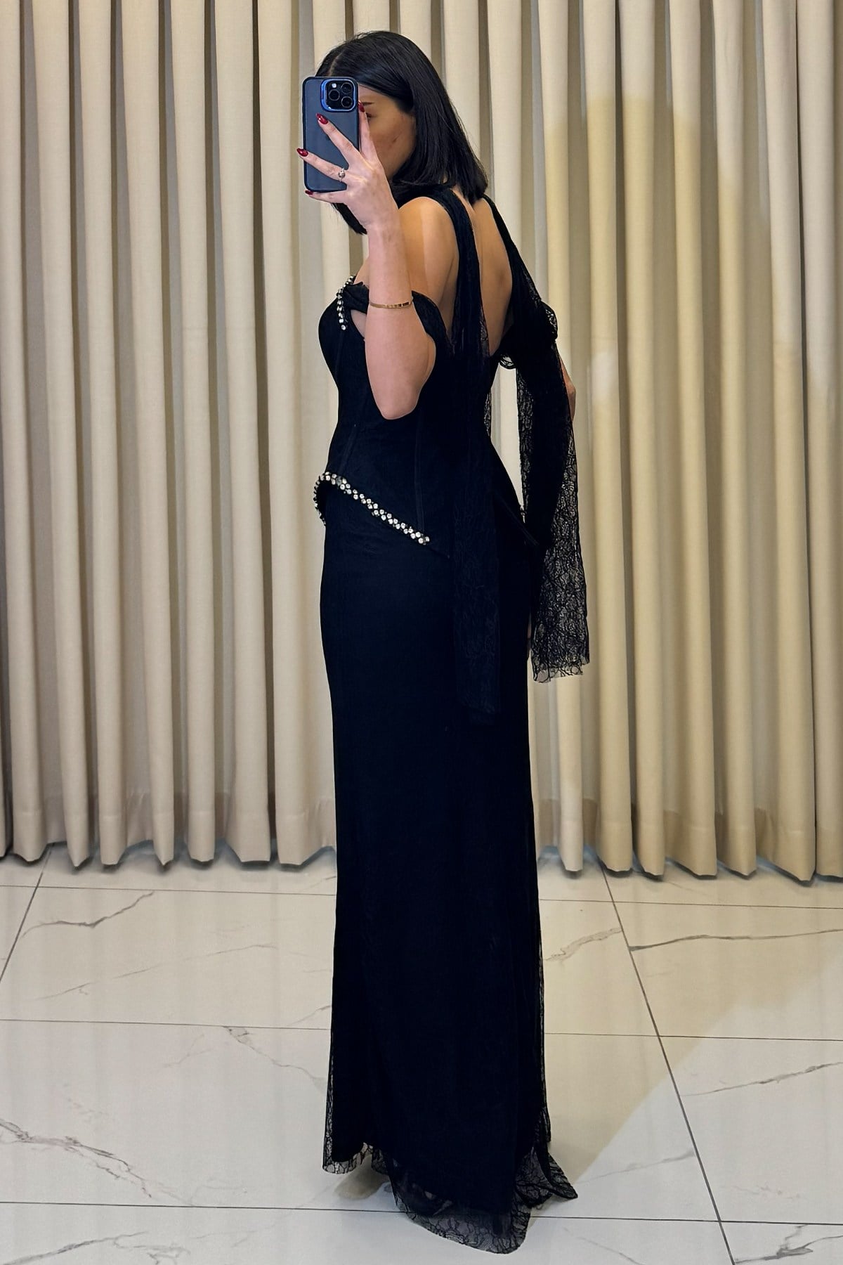 Korse Detaylı Taş İşlemeli Şal Aksesuarlı Abiye Siyah - Görsel 5