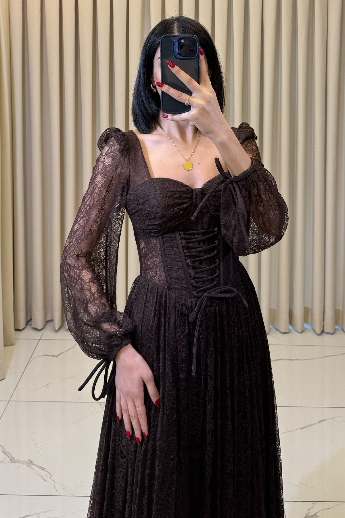 Önü Bağcıklı Lez Dantel Kare Yaka Uzun Kollu Abiye Kahve - Görsel 2