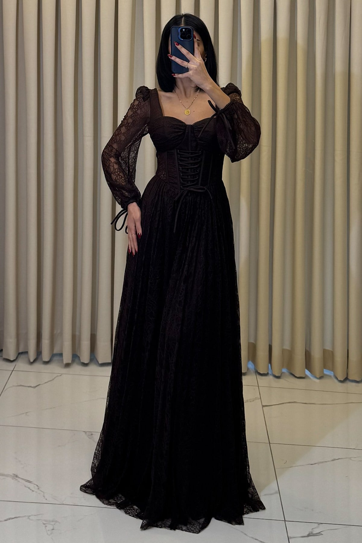 Önü Bağcıklı Lez Dantel Kare Yaka Uzun Kollu Abiye Kahve - Görsel 5