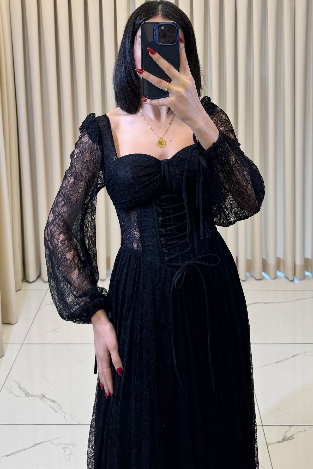 Önü Bağcıklı Lez Dantel Kare Yaka Uzun Kollu Abiye Siyah - Görsel 6