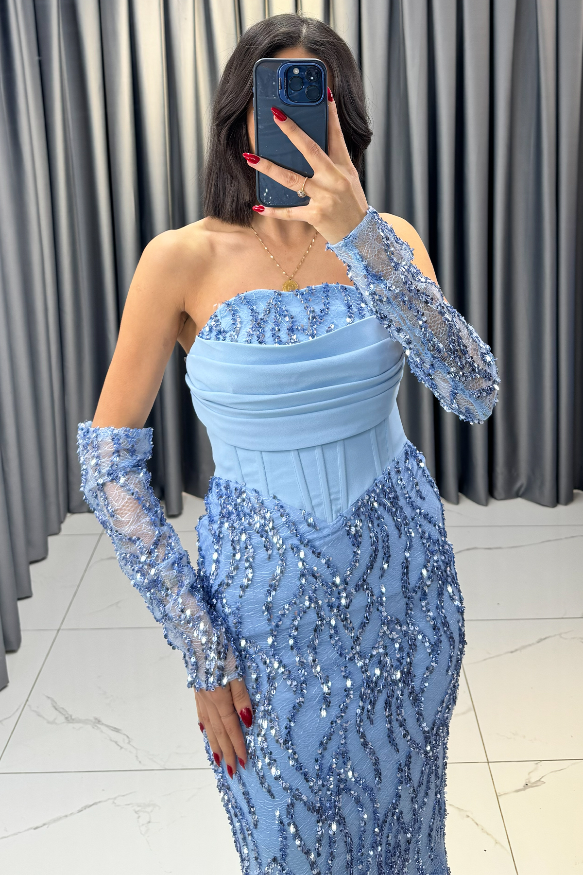 Payet İşlemeli Eldiven Detaylı Balık Model Abiye Bebe Mavi - Görsel 2