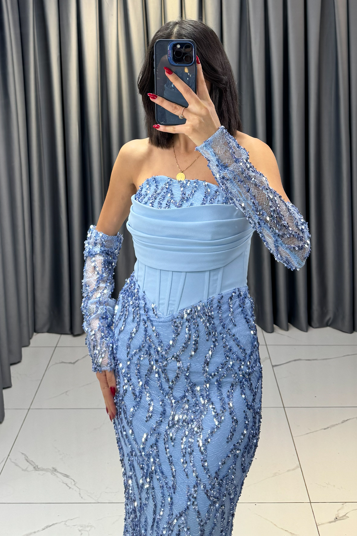 Payet İşlemeli Eldiven Detaylı Balık Model Abiye Bebe Mavi - Görsel 4