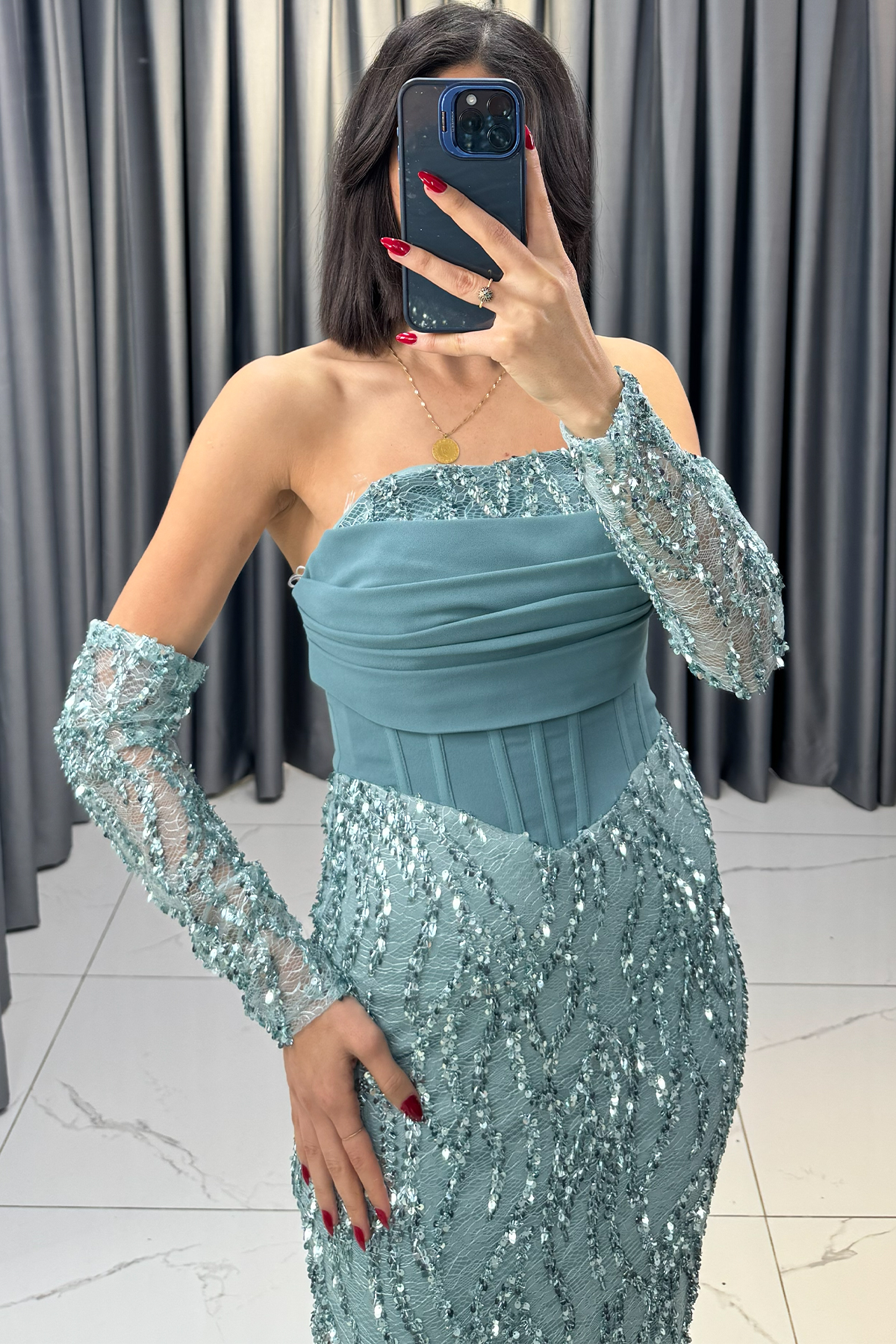 Payet İşlemeli Eldiven Detaylı Balık Model Abiye Mint Yeşili - Görsel 2