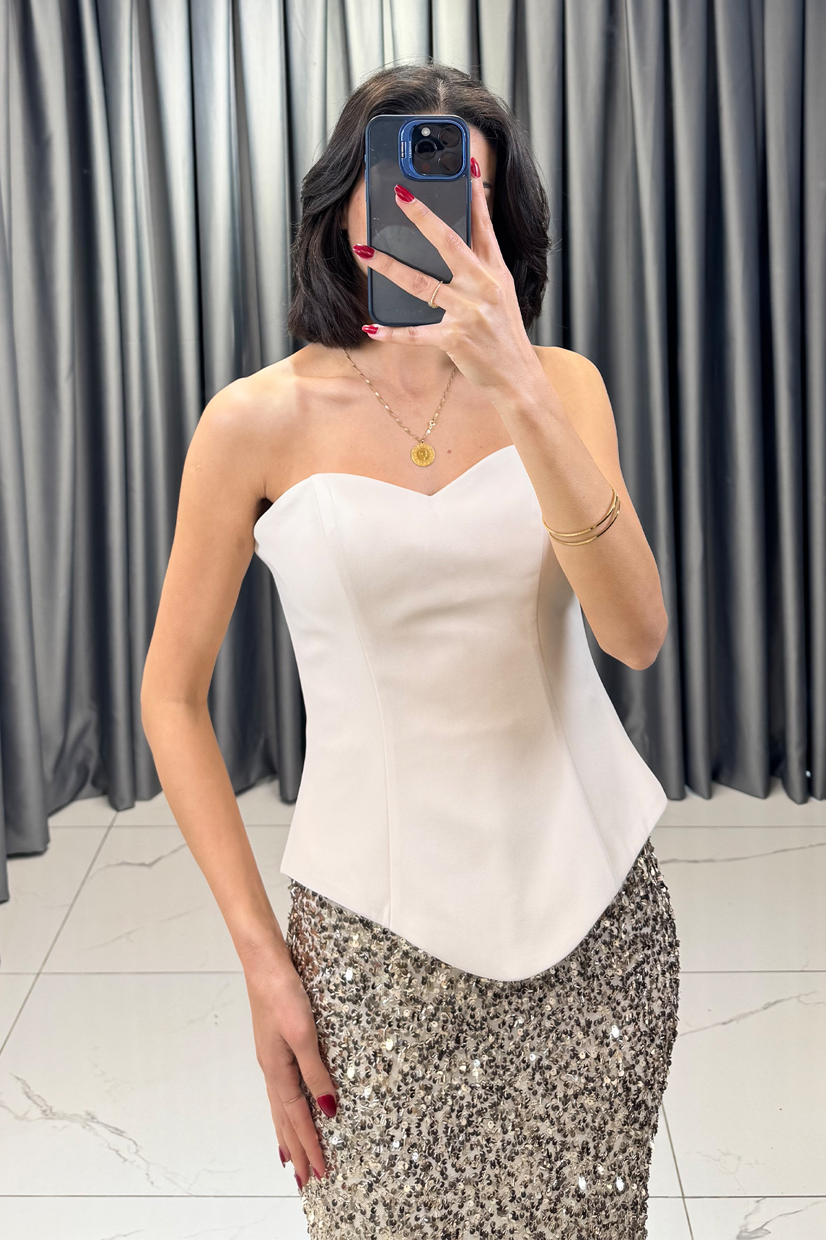 Payetli Korse Detaylı Bolerolu Uzun Abiye Bej - Görsel 4