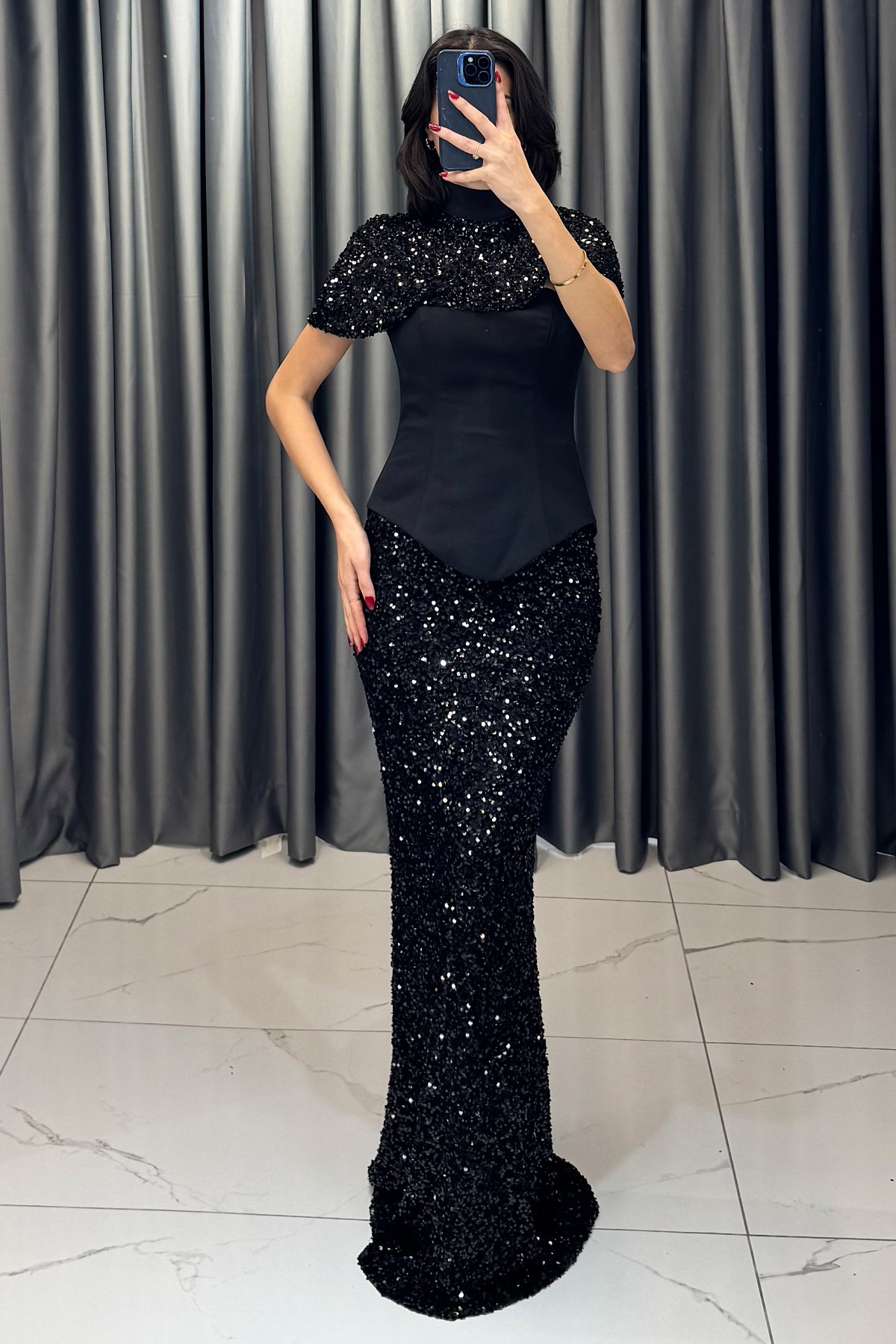 Payetli Korse Detaylı Bolerolu Uzun Abiye Siyah