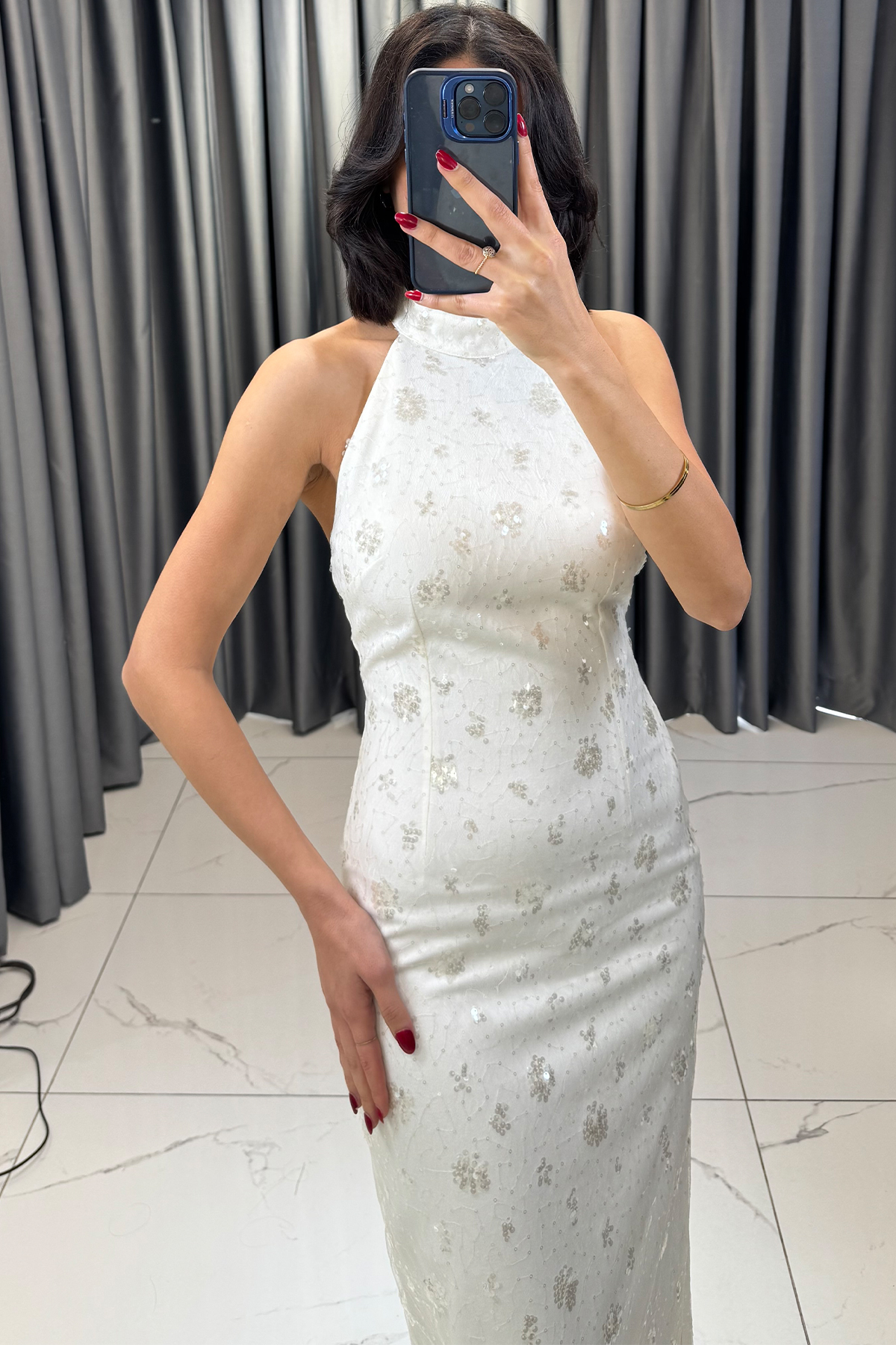 Pul Payet İşlemeli Sırt Dekolteli Halter Yaka Uzun Abiye Ekru - Görsel 2