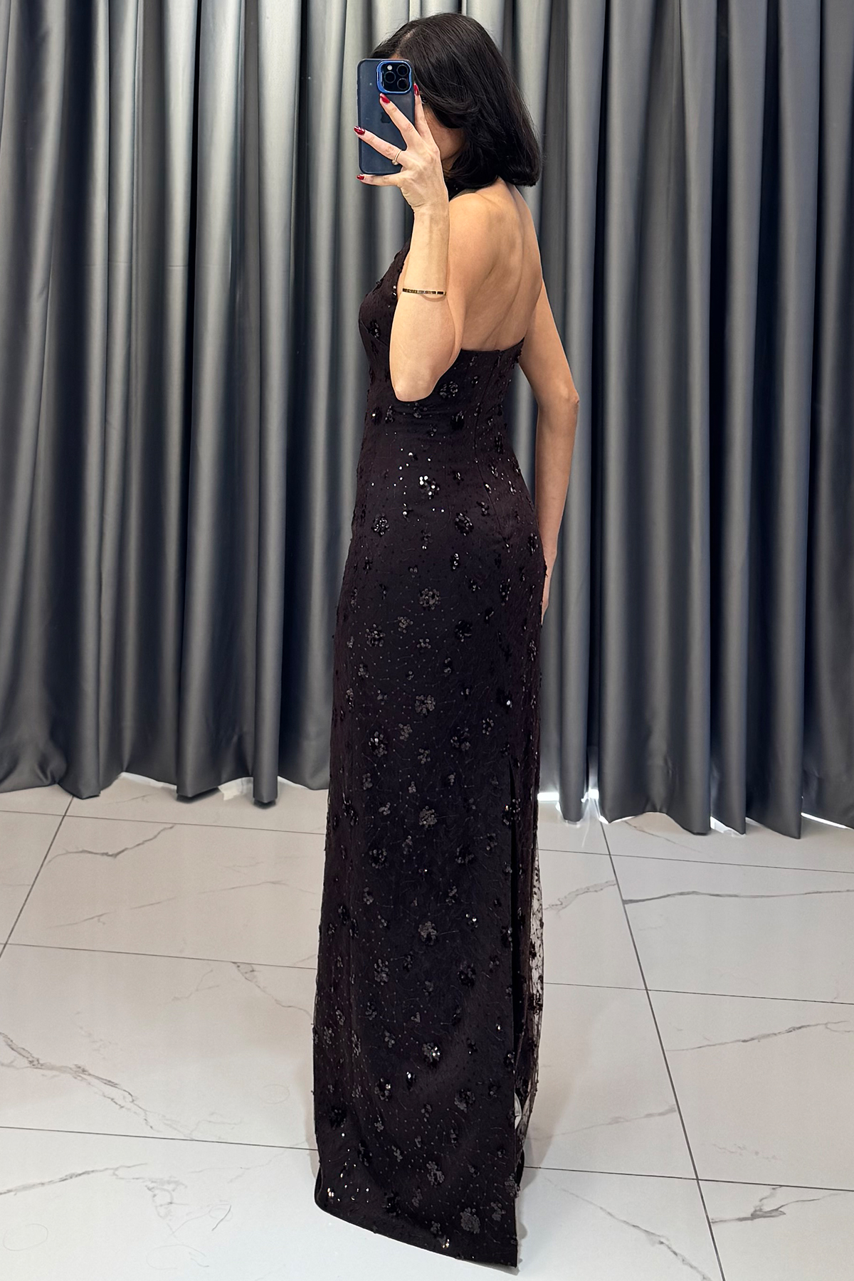 Pul Payet İşlemeli Sırt Dekolteli Halter Yaka Uzun Abiye Kahve - Görsel 5