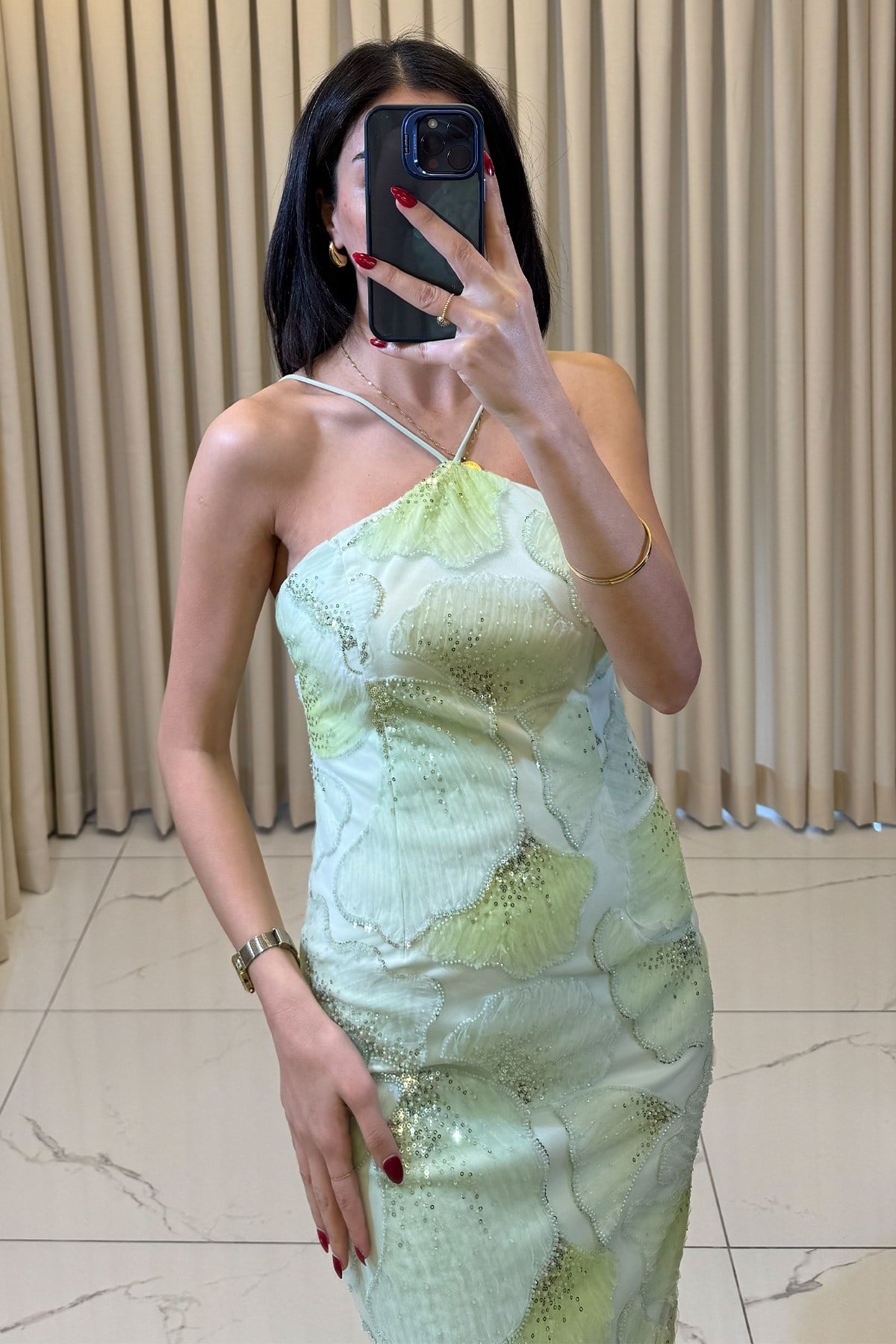 Pul Payet İşlemeli Sırt Dekolteli Uzun Abiye Yeşil - Görsel 2