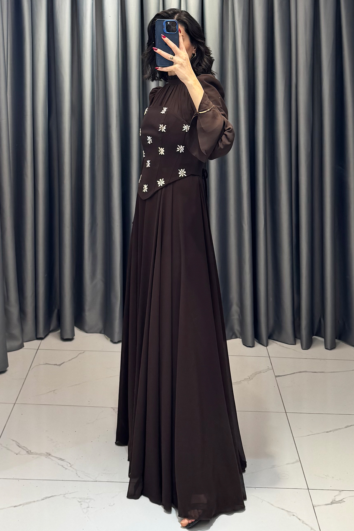 Seyyar Korse Detaylı Taş İşlemeli Tesettür Abiye Kahve - Görsel 3