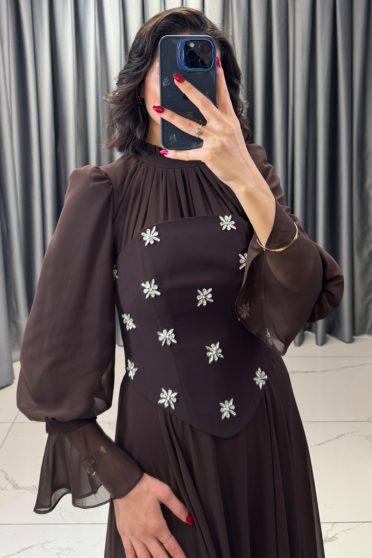 Seyyar Korse Detaylı Taş İşlemeli Tesettür Abiye Kahve - Görsel 4