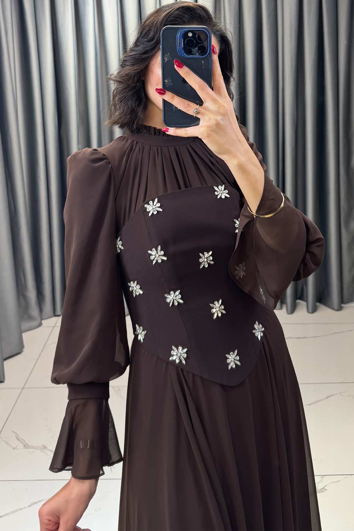 Seyyar Korse Detaylı Taş İşlemeli Tesettür Abiye Kahve - Görsel 6
