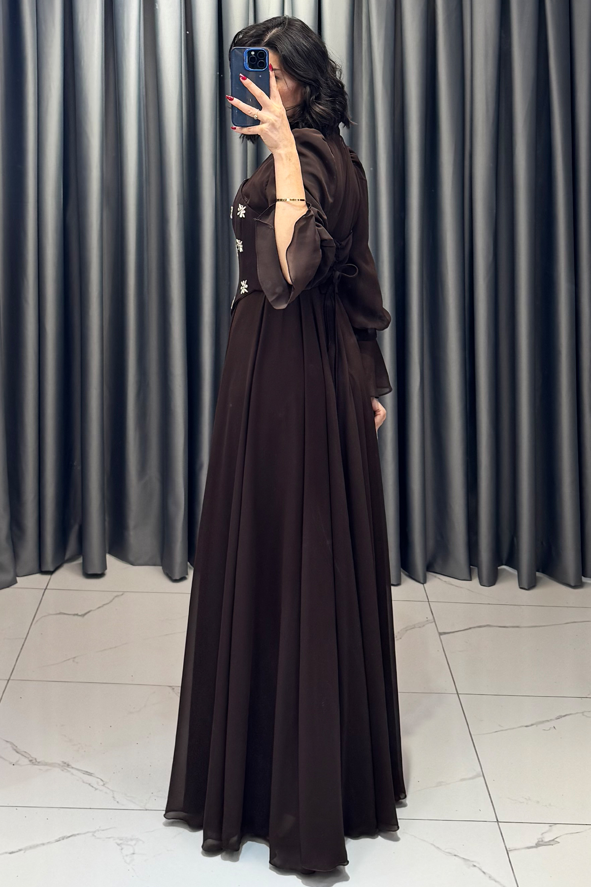 Seyyar Korse Detaylı Taş İşlemeli Tesettür Abiye Kahve - Görsel 7