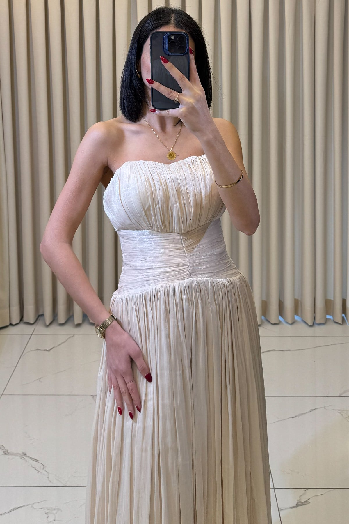 Straplez Uzun Abiye Bej - Görsel 2