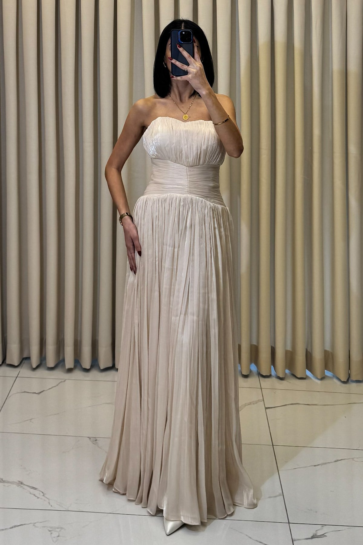 Straplez Uzun Abiye Bej - Görsel 6