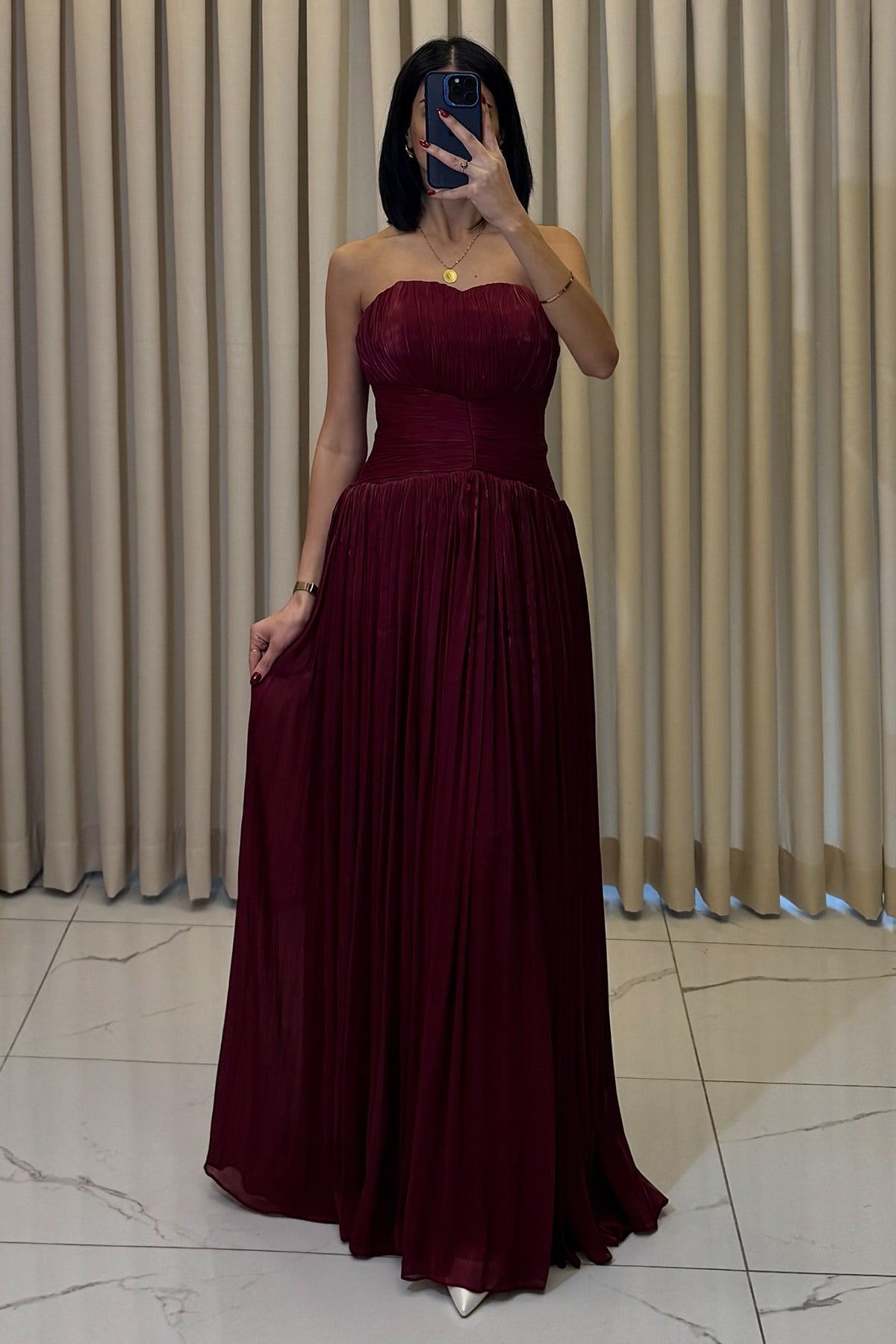 Straplez Uzun Abiye Bordo