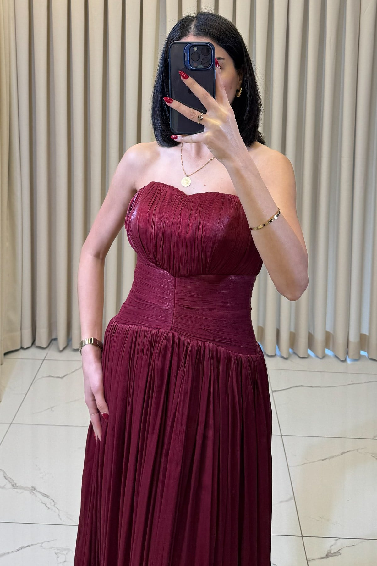 Straplez Uzun Abiye Bordo - Görsel 4