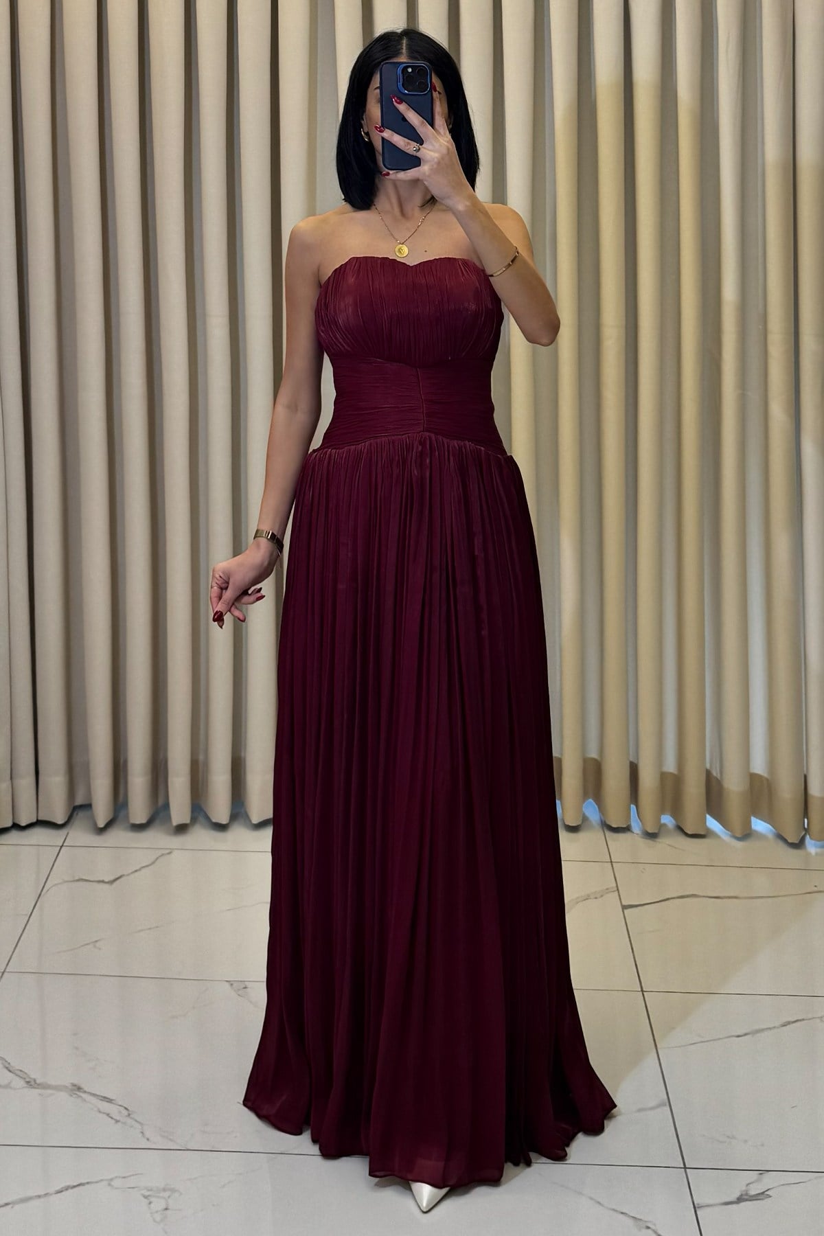 Straplez Uzun Abiye Bordo - Görsel 6