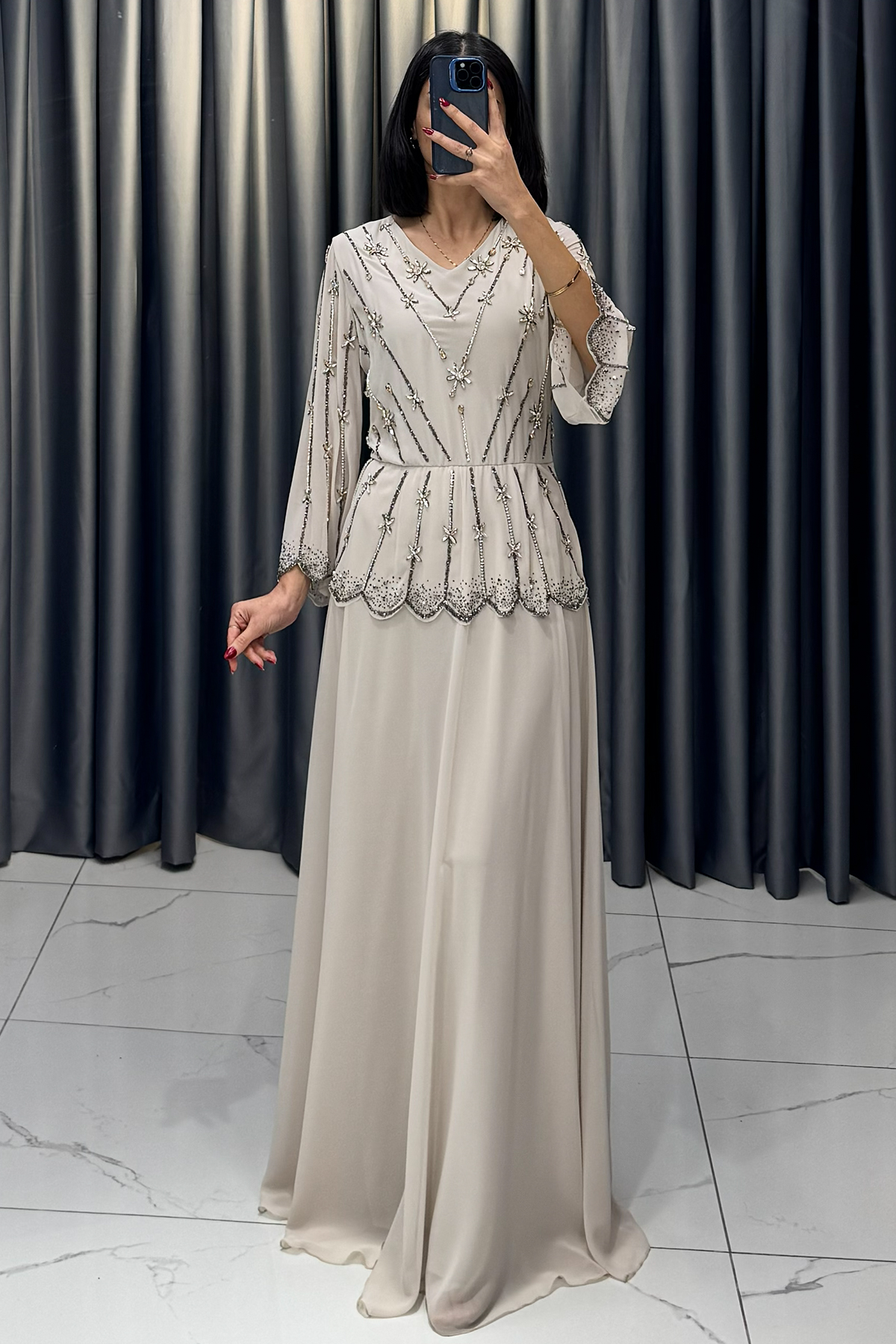 Taş Detaylı Lazer Kesimli Büyük Beden Abiye Bej