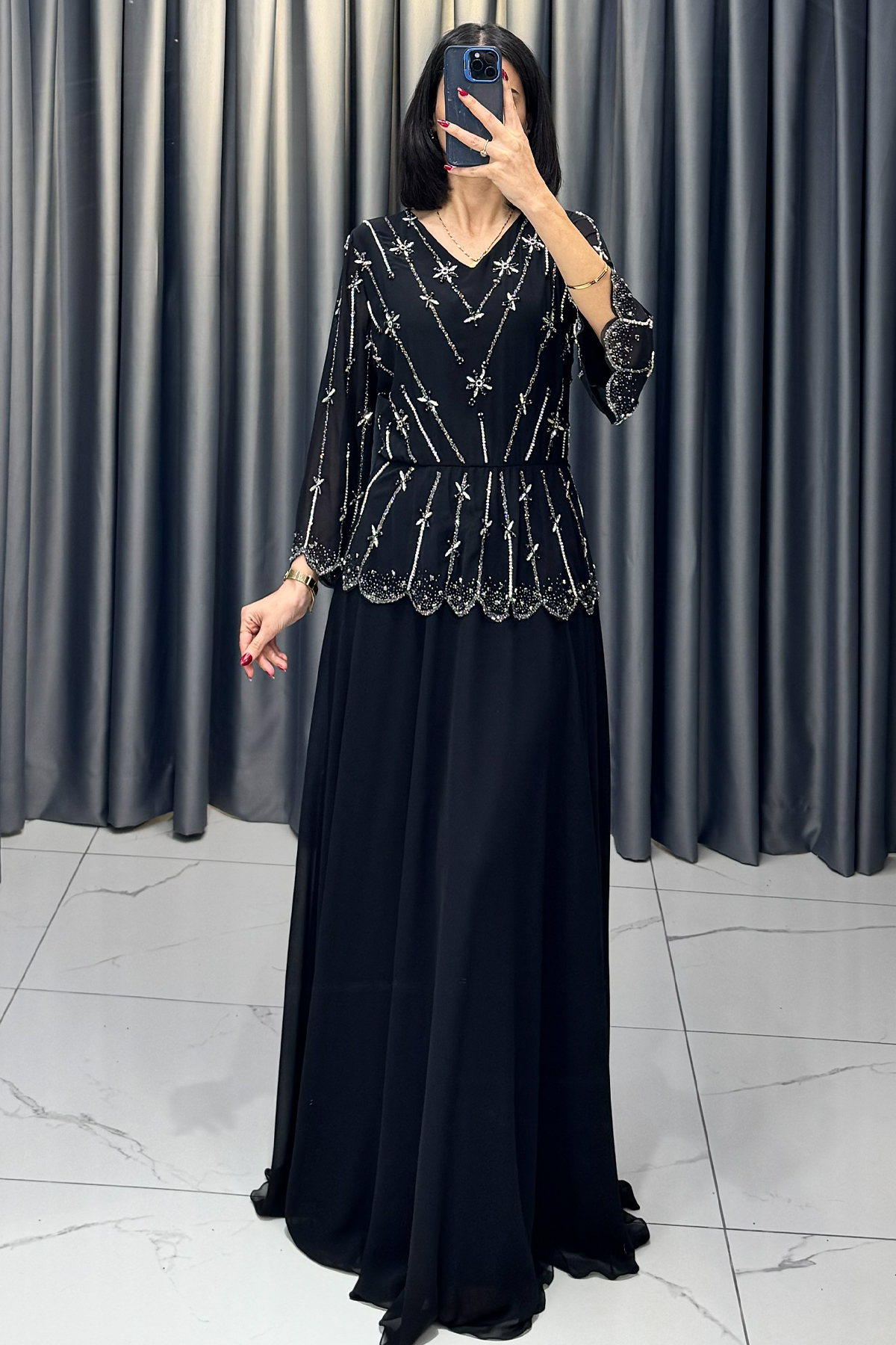 Taş Detaylı Lazer Kesimli Büyük Beden Abiye Siyah