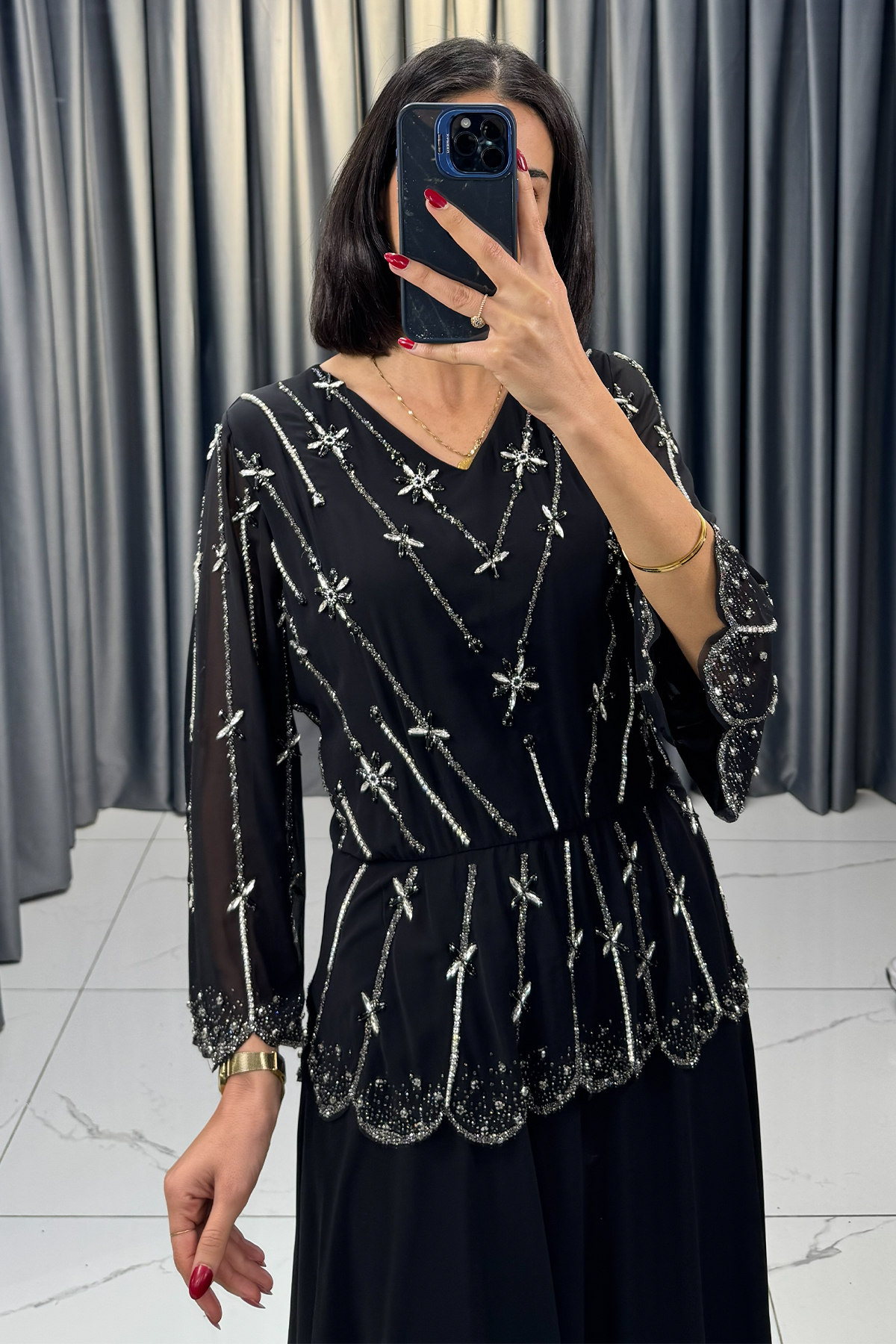 Taş Detaylı Lazer Kesimli Büyük Beden Abiye Siyah - Görsel 2