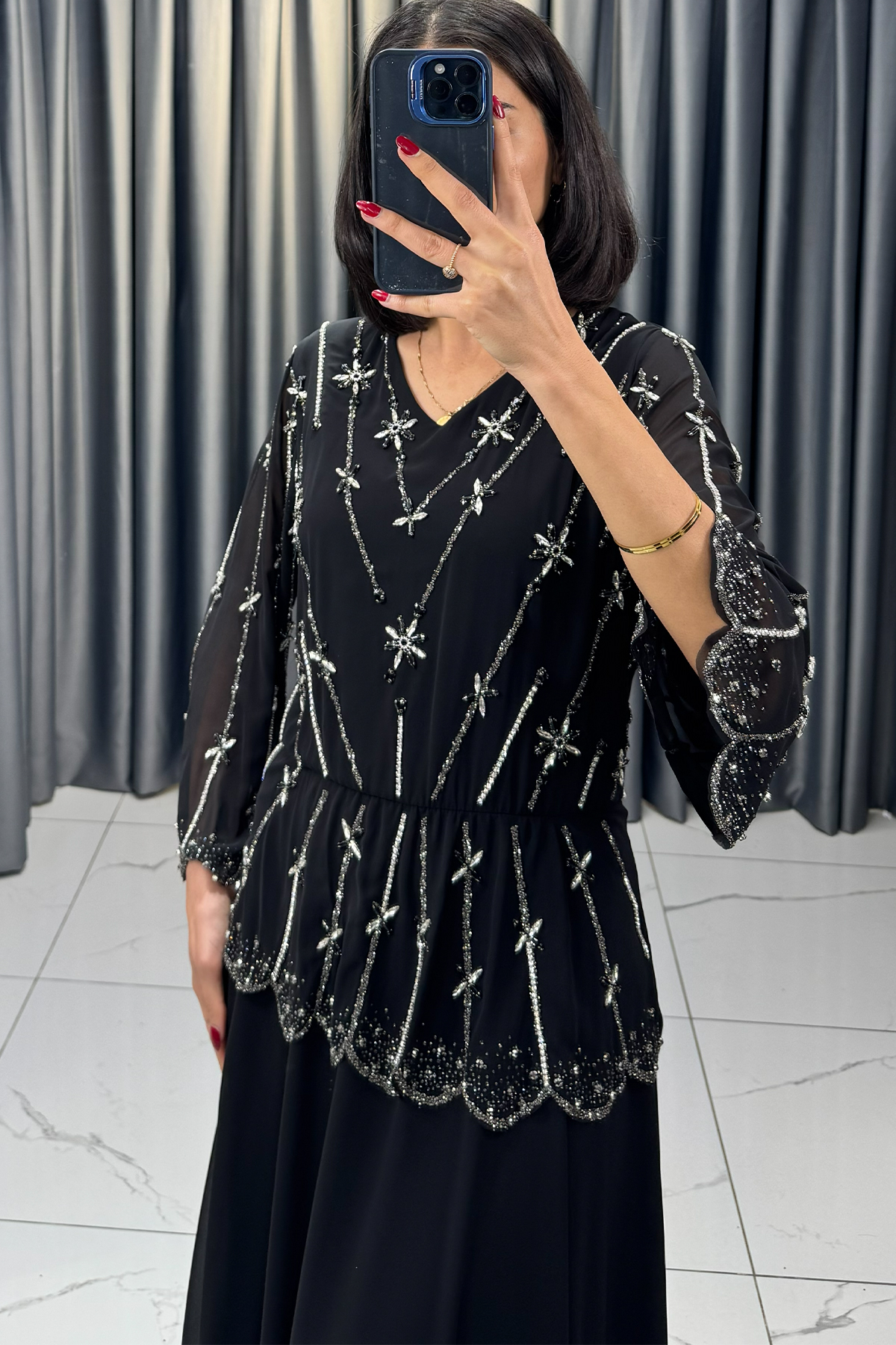 Taş Detaylı Lazer Kesimli Büyük Beden Abiye Siyah - Görsel 5