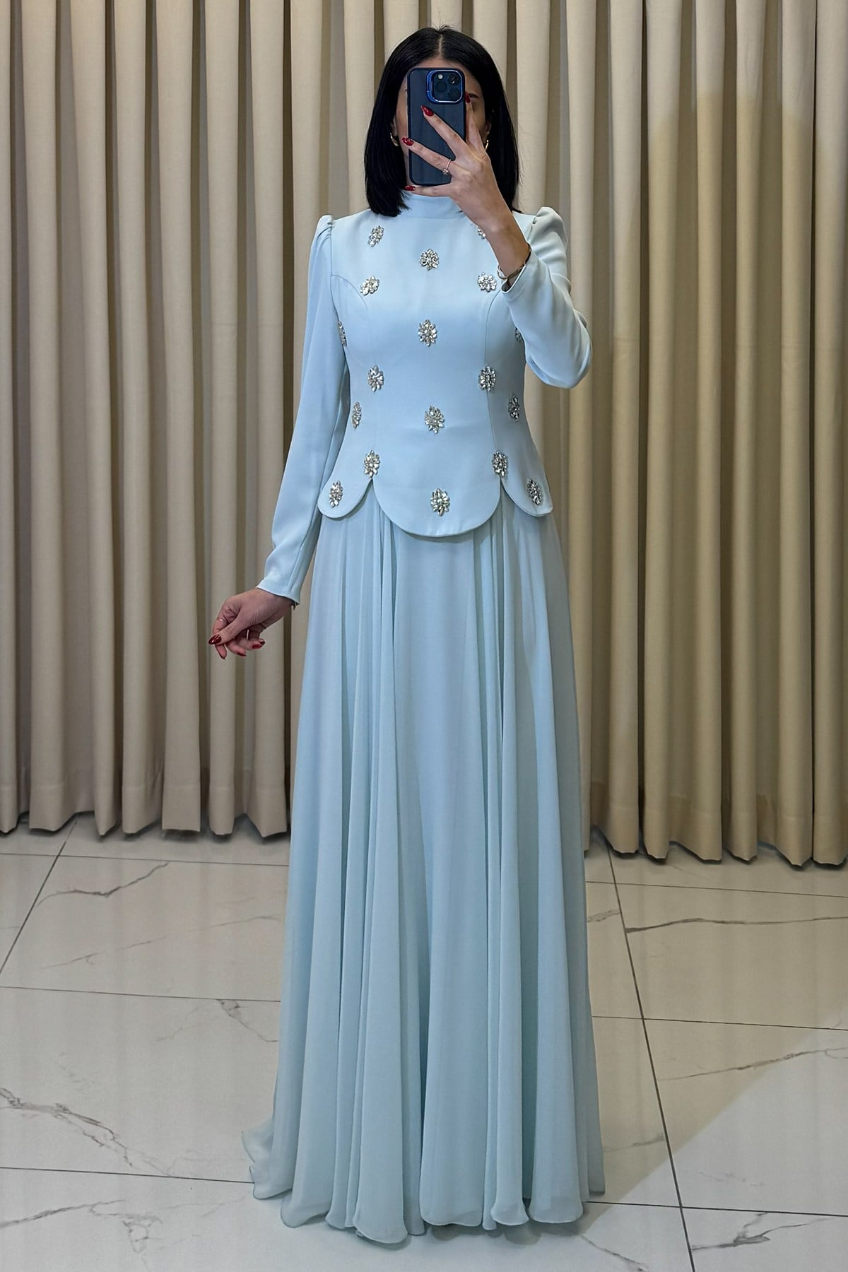 Taş Detaylı Tesettür Abiye Bebe Mavi