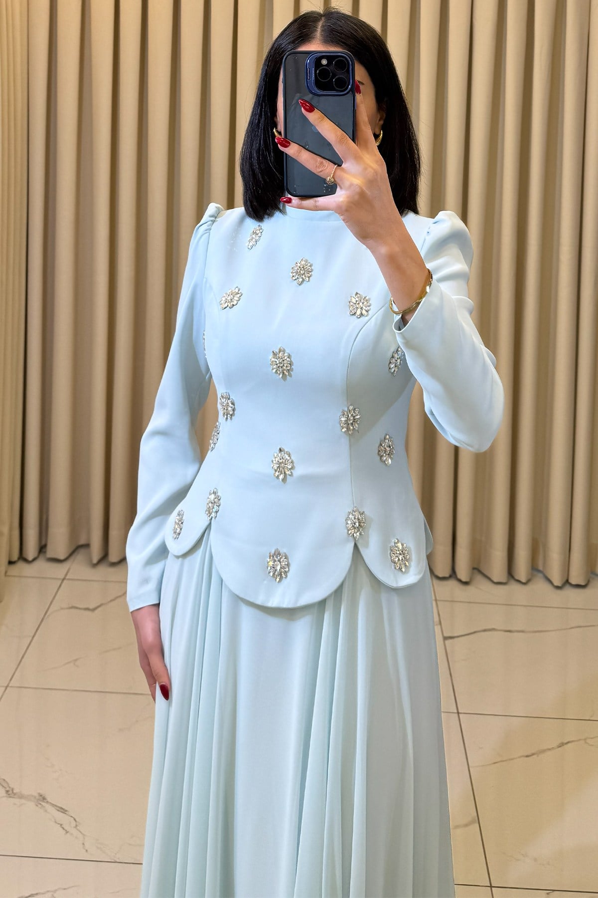 Taş Detaylı Tesettür Abiye Bebe Mavi - Görsel 4