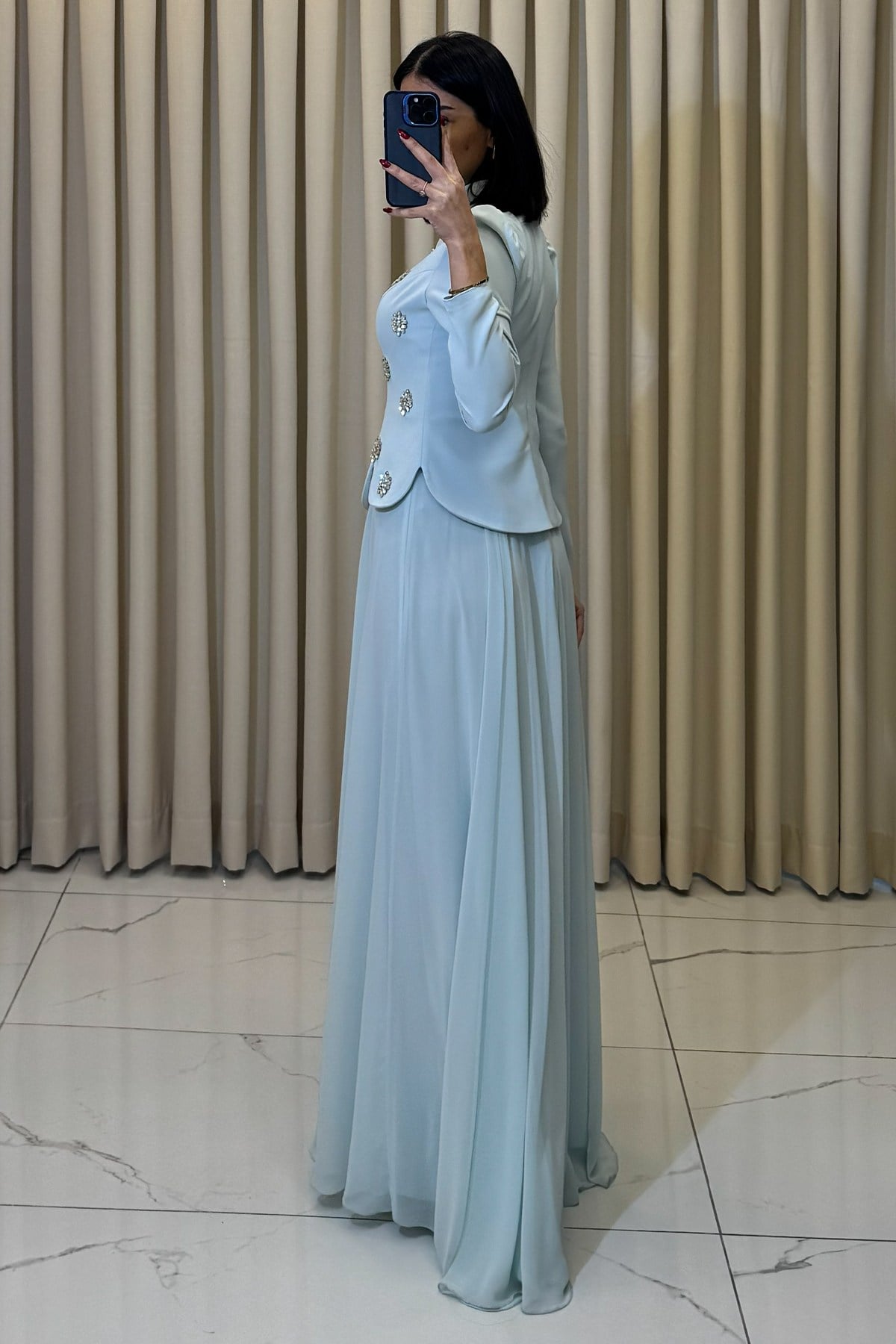 Taş Detaylı Tesettür Abiye Bebe Mavi - Görsel 5