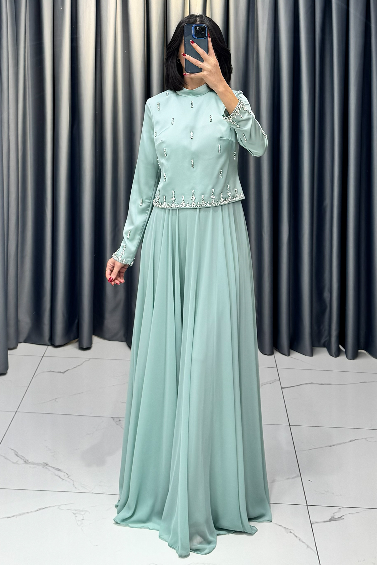 Taş Detaylı Tesettür Abiye Mint