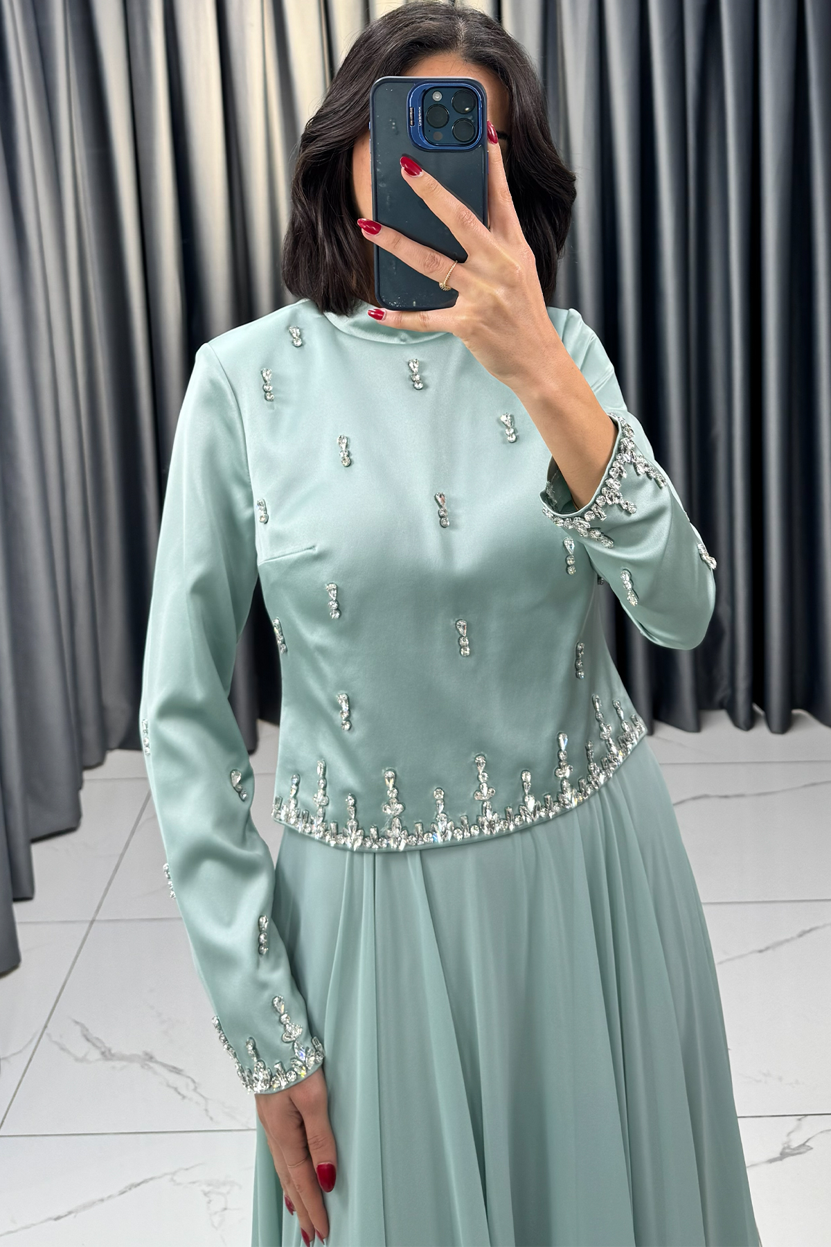 Taş Detaylı Tesettür Abiye Mint - Görsel 2