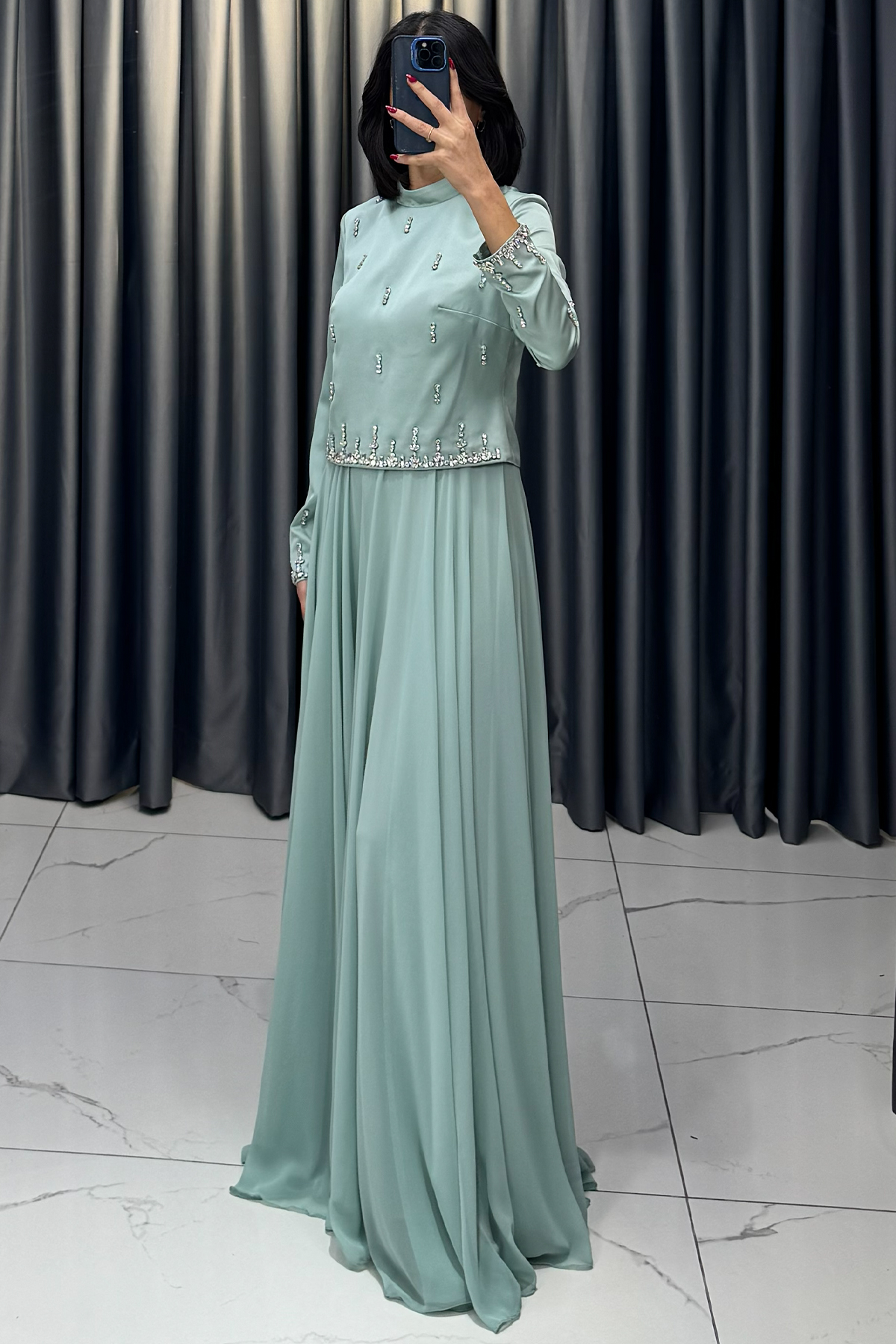 Taş Detaylı Tesettür Abiye Mint - Görsel 3
