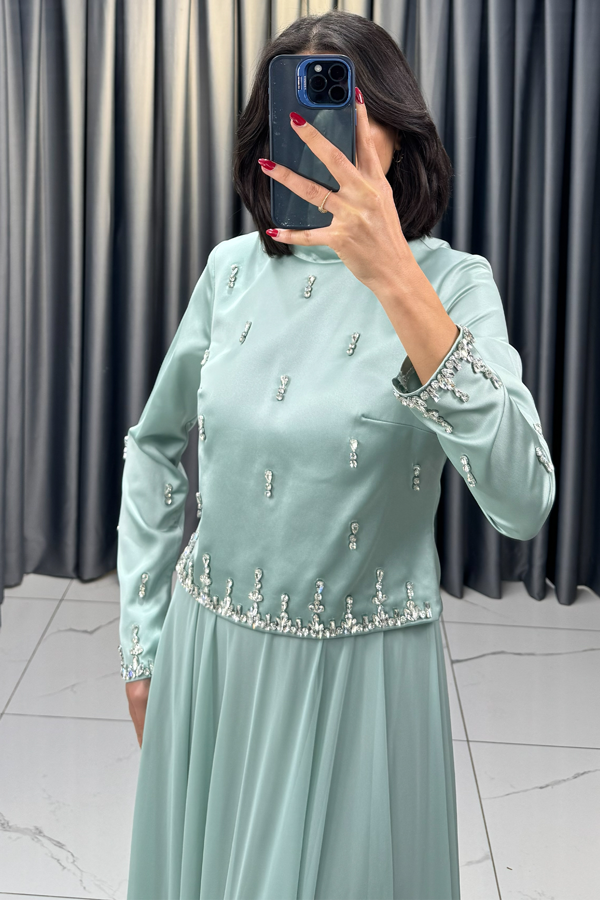 Taş Detaylı Tesettür Abiye Mint - Görsel 4