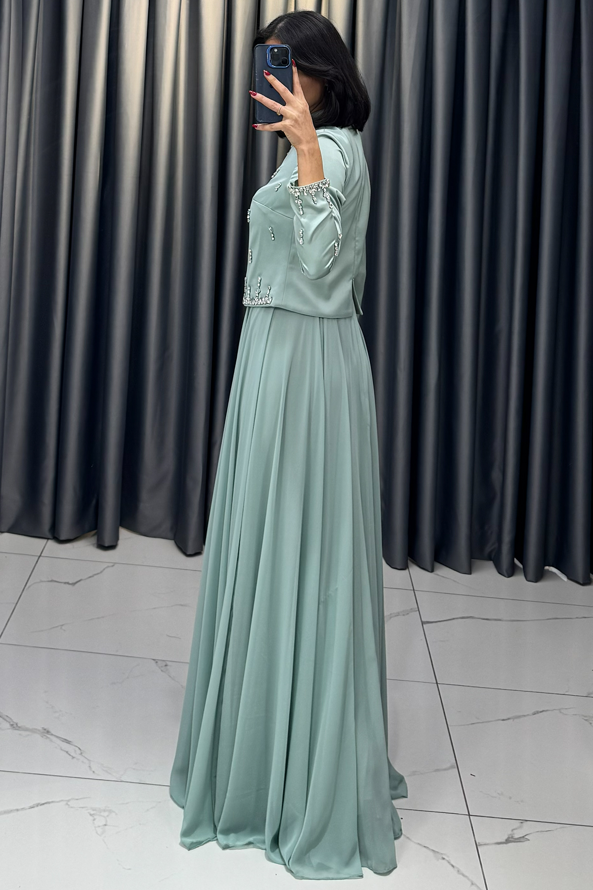 Taş Detaylı Tesettür Abiye Mint - Görsel 5