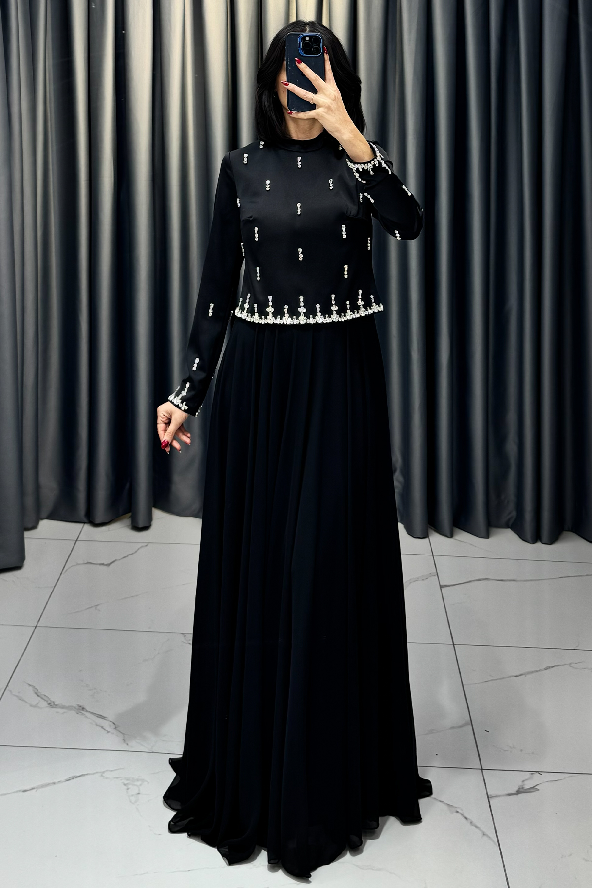 Taş Detaylı Tesettür Abiye Siyah