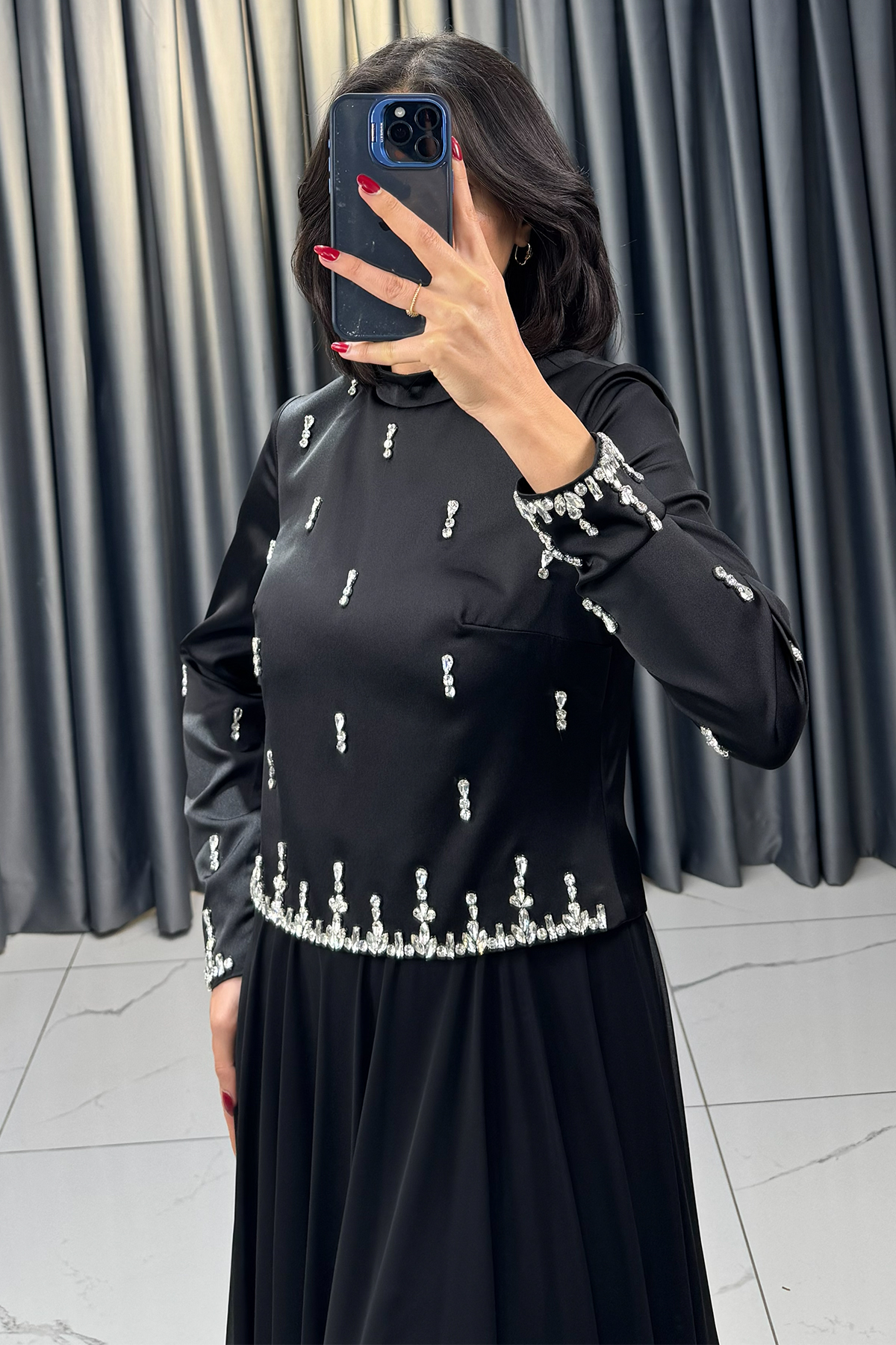 Taş Detaylı Tesettür Abiye Siyah - Görsel 4