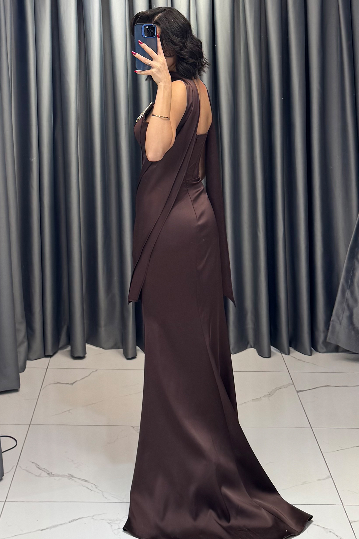 Taş İşlemeli Belden Drapeli Şal Detaylı Straplez Abiye Kahve - Görsel 6