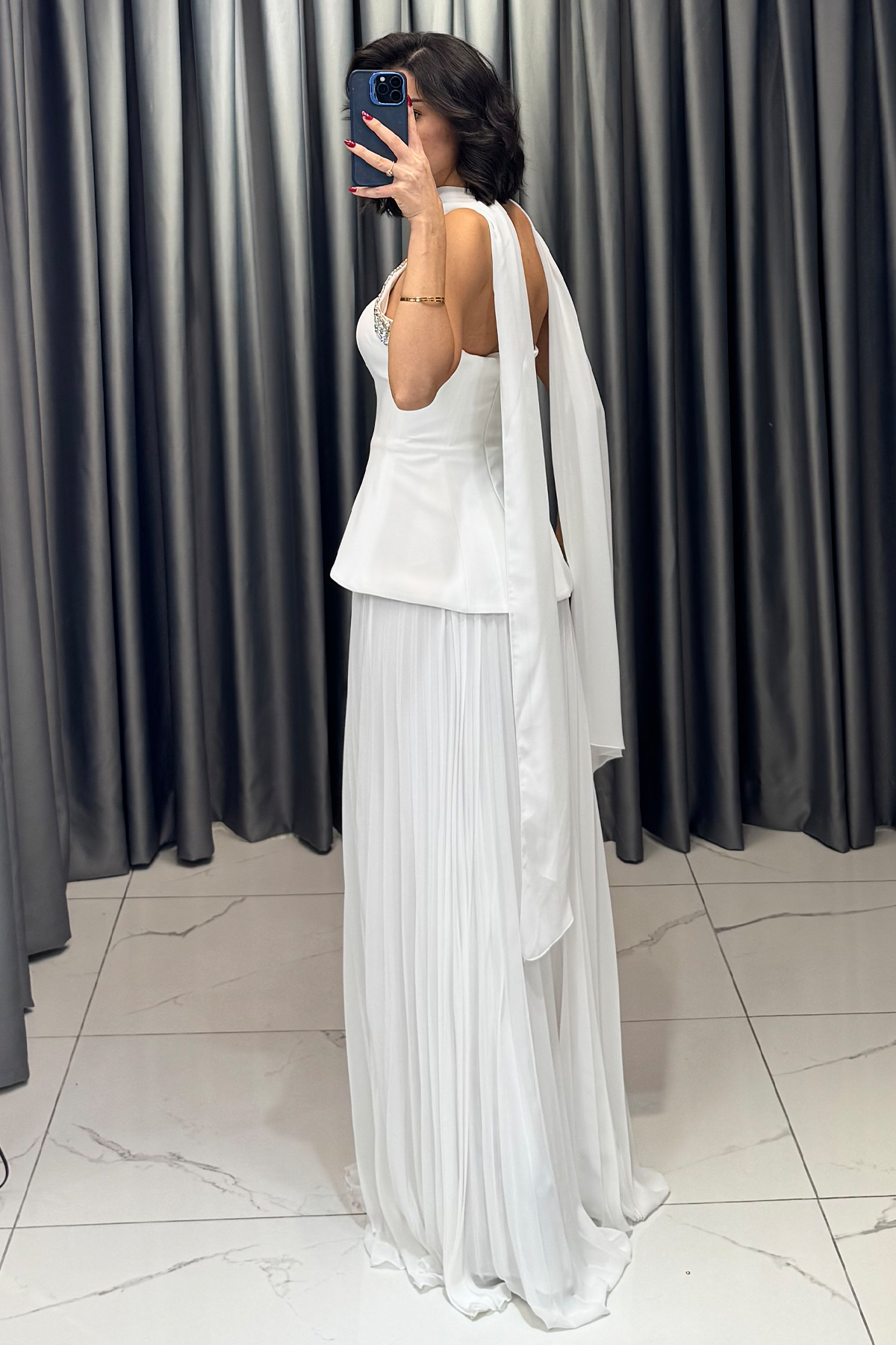 Taş İşlemeli Belden Oturtmalı Şal Detaylı Piliseli Abiye Beyaz - Görsel 5