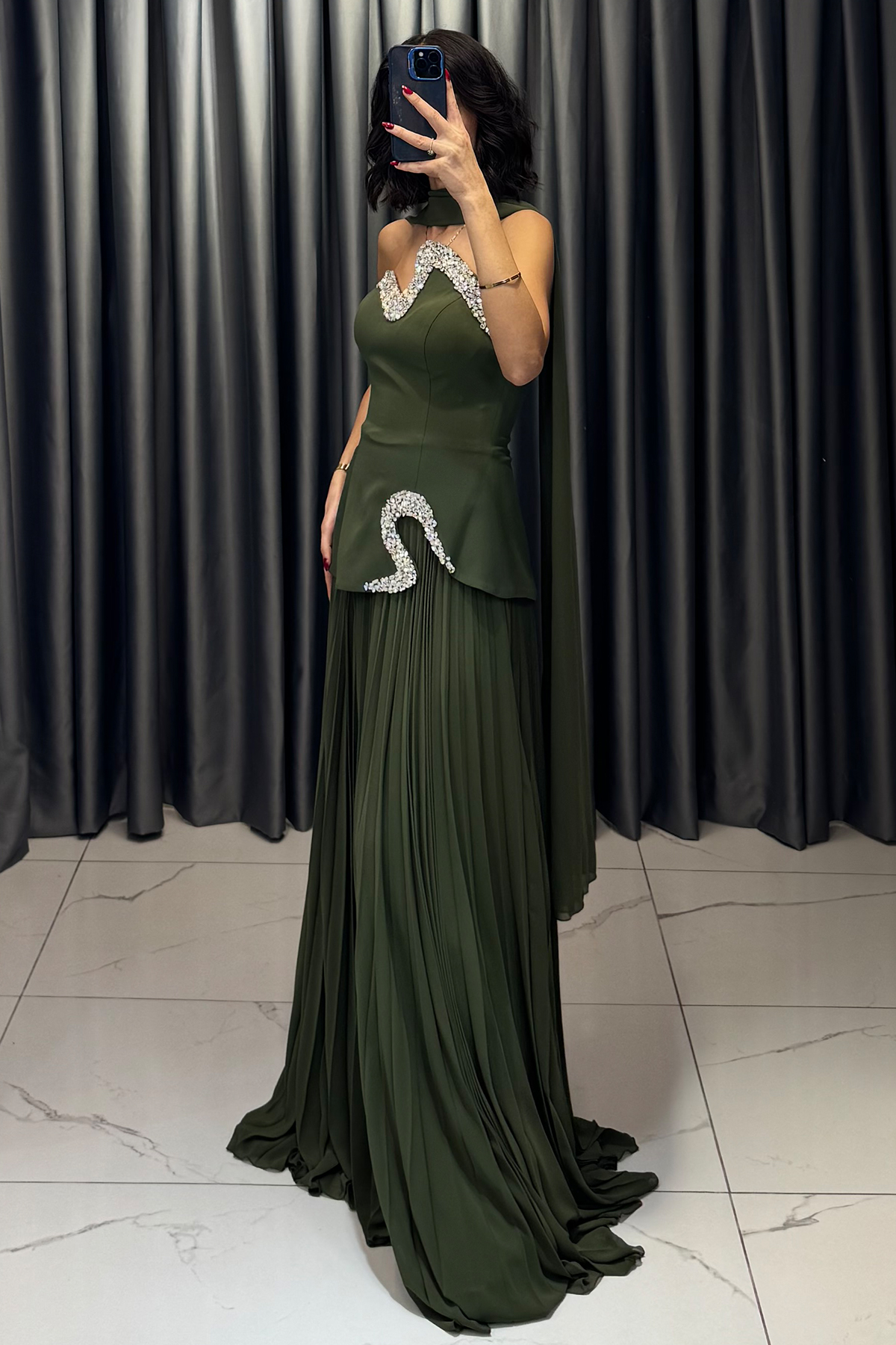 Taş İşlemeli Belden Oturtmalı Şal Detaylı Piliseli Abiye Haki - Görsel 3