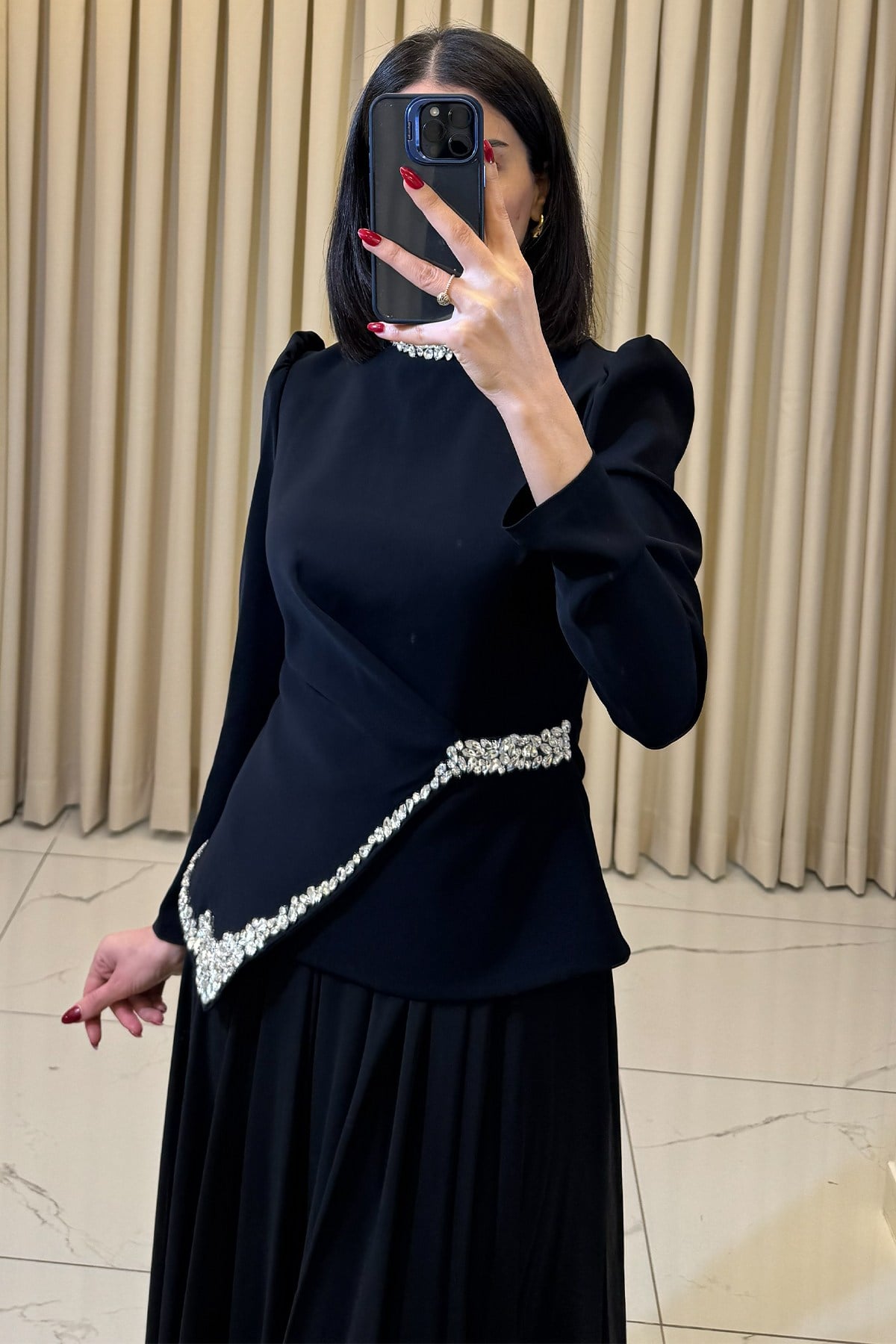 Taş İşlemeli Tesettür Şifon Abiye Siyah - Görsel 4