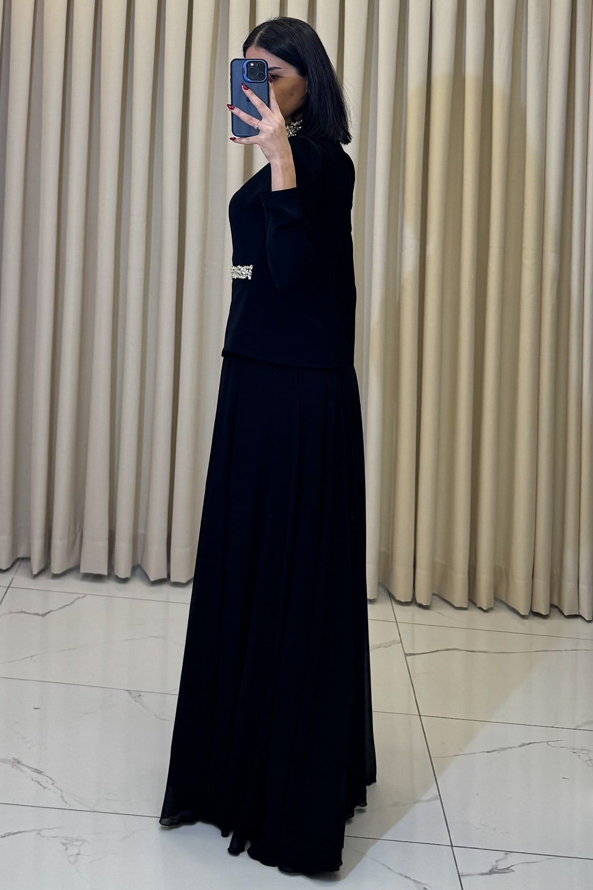 Taş İşlemeli Tesettür Şifon Abiye Siyah - Görsel 5