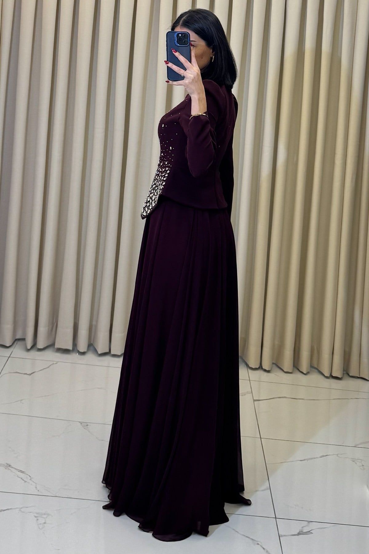 Taş Serpme Detaylı Uzun Tesettür Abiye Bordo - Görsel 5